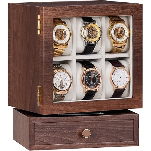 Homde Rotating Watch Box Display: 12-Slot Wooden Storage Case for Men's Watches on Dresser - Glass Top Jewelry Organizer for Necklaces & Bracelets