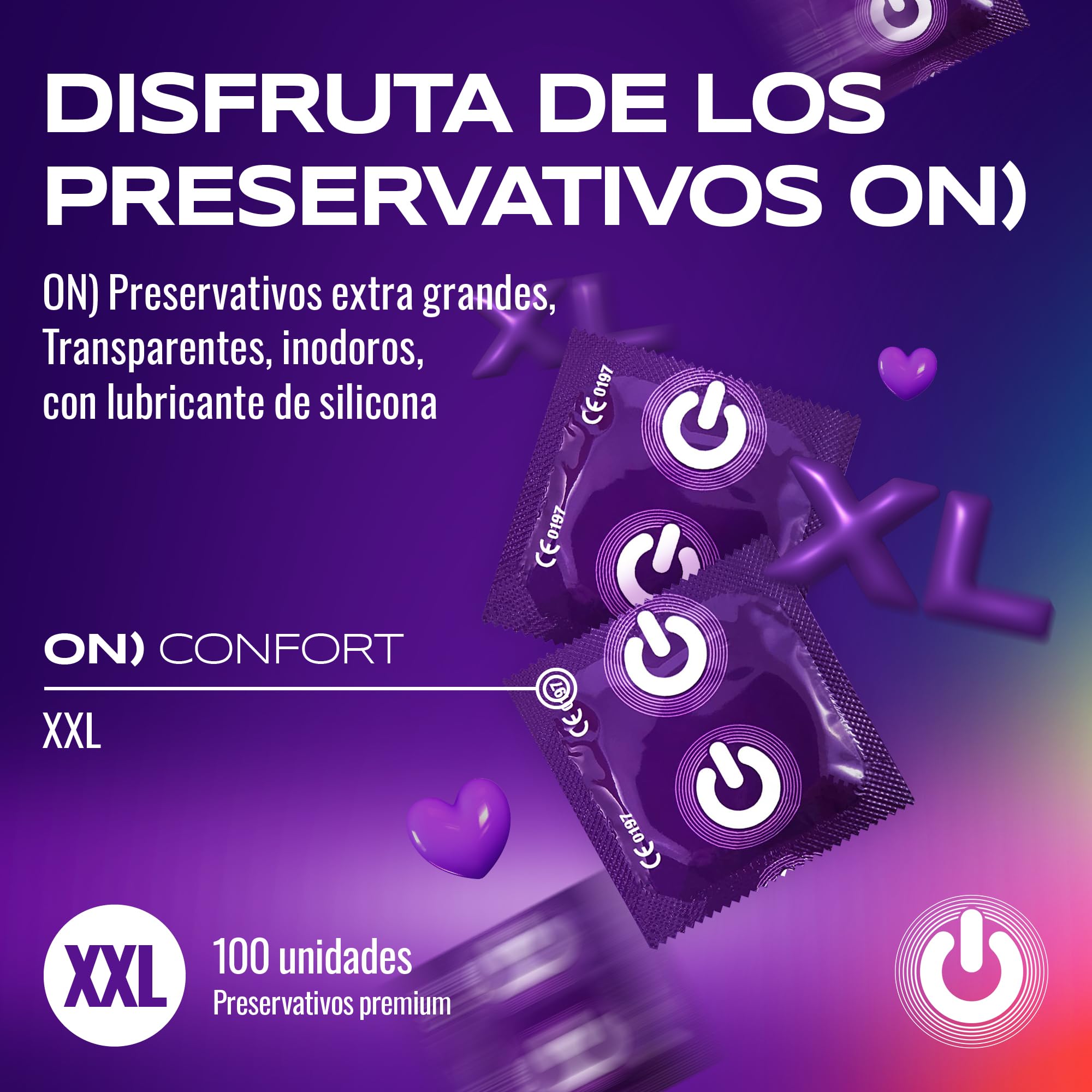 ON) Condones XX-Large | 57 mm de ancho | Paquete de 100 unidades | Condones premium extra grandes con lubricante de silicona | Delgadez de 0,07 mm | para hombres