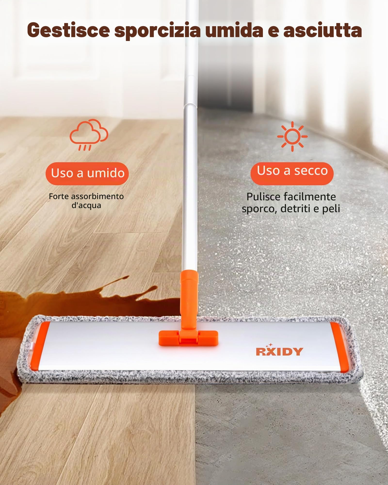 Mocio in microfibra grande, piatto, con 4 panni riutilizzabili e lavabili, professionale con manico in alluminio, mocio umido e antipolvere, per pavimenti in laminato e vinile