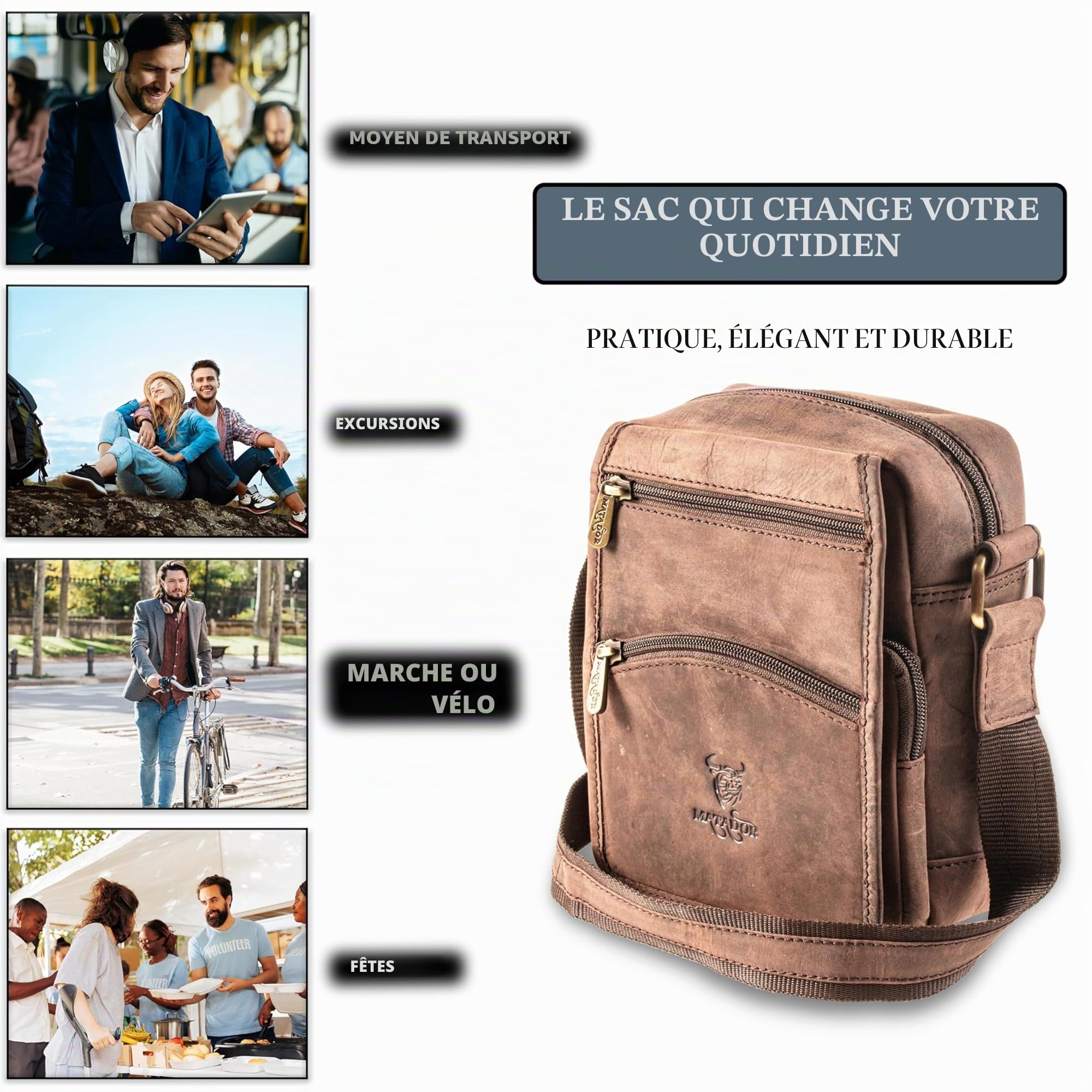 MATADOR Sacoche Homme Cuir Véritable #AVEIRO, Sacs Bandoulière Homme Confortable avec Plusieurs Poches et Sangle Réglable, Sac Bandouliere Adapté à un Usage Quotidien, Marron Foncé