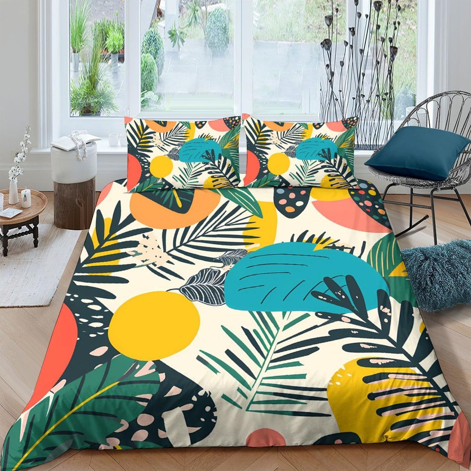 GPLZQXKJNH 3D Printed Tropical Leaf Duvet Cover Microfiber Soft Breathable Geometric Bedding Set with 2 Pillowcases for Bedroom Decor Single（135x200cm）