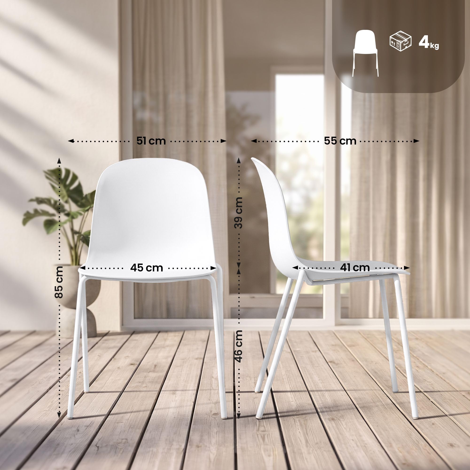 CLP Juego de 2 sillas apilables Hardin con Asiento ergonómico de plástico y Estructura metálica para Comedor, Sala de reuniones y Cocina Color:Blanco
