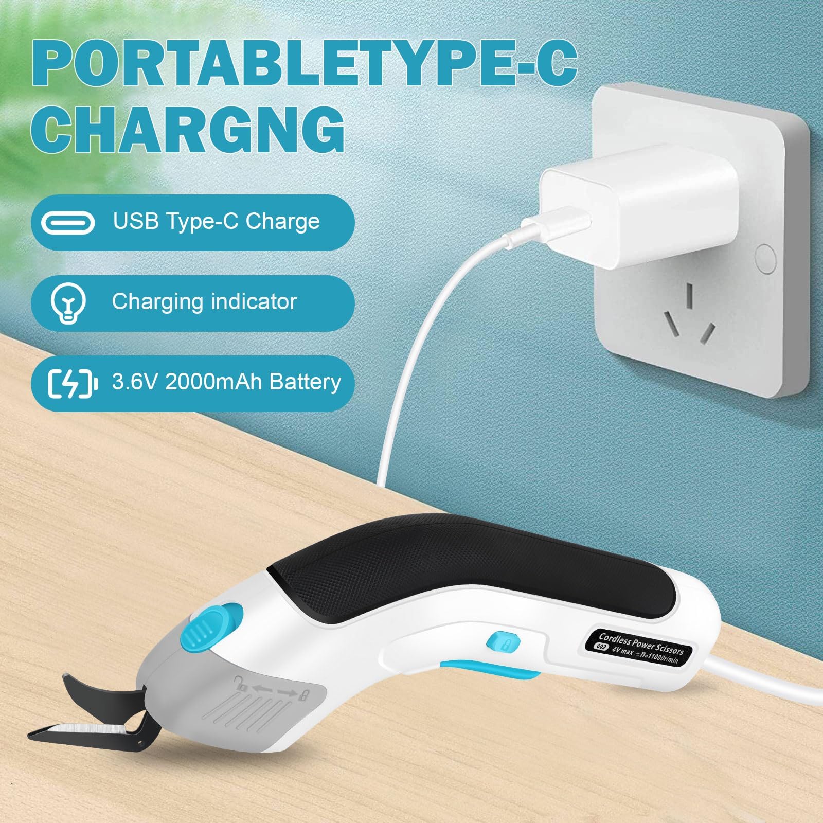 VOBOR Ciseaux Electrique Tissu Couture, Sans Fil USB Rechargeable, Têtes de Coupe en Acier Tungstène, 2000 Mah Lithium Batterie, Cutter pour Papier Carton Moquette Cuir Feutre