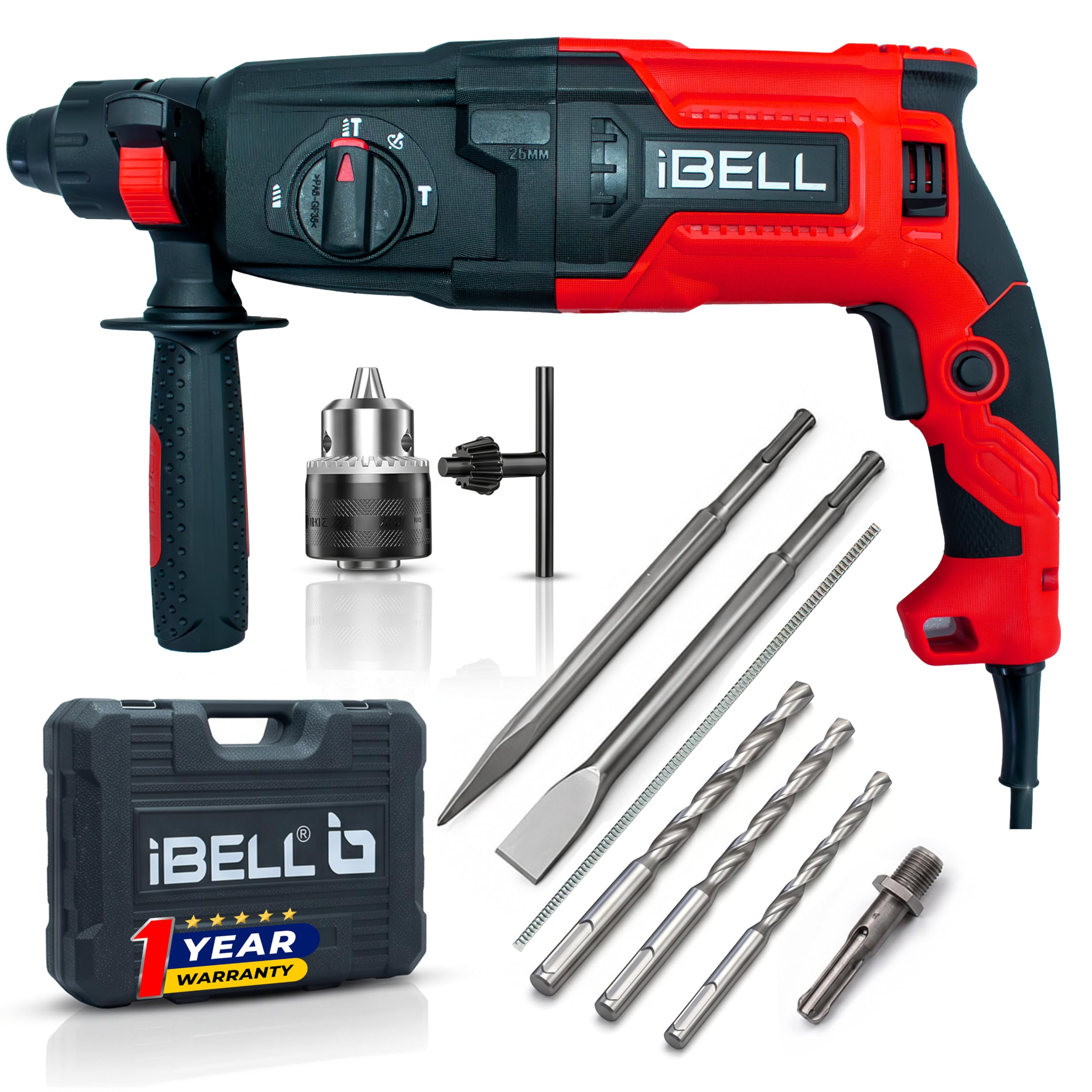 iBELL RH26-82 Rotary Hammer Drill | 850W | 3J Impact Energy | 26mm SDS Plus | 0-900 RPM | 4000 BPM | 26mm Concrete | 68mm Masonry | 30mm wood | 13mm Steel | 3.5Kg | 13 mm adittional chuck & bits-image-33