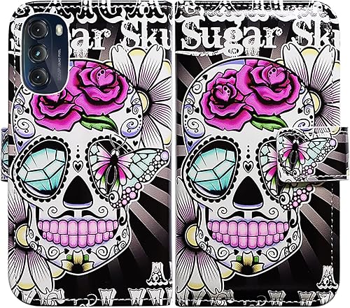 Bcov Funda para Moto G 5G 2022, diseño de calavera de azúcar y flor morada, funda para teléfono con tarjetero y soporte para Motorola Moto G 5G 2022