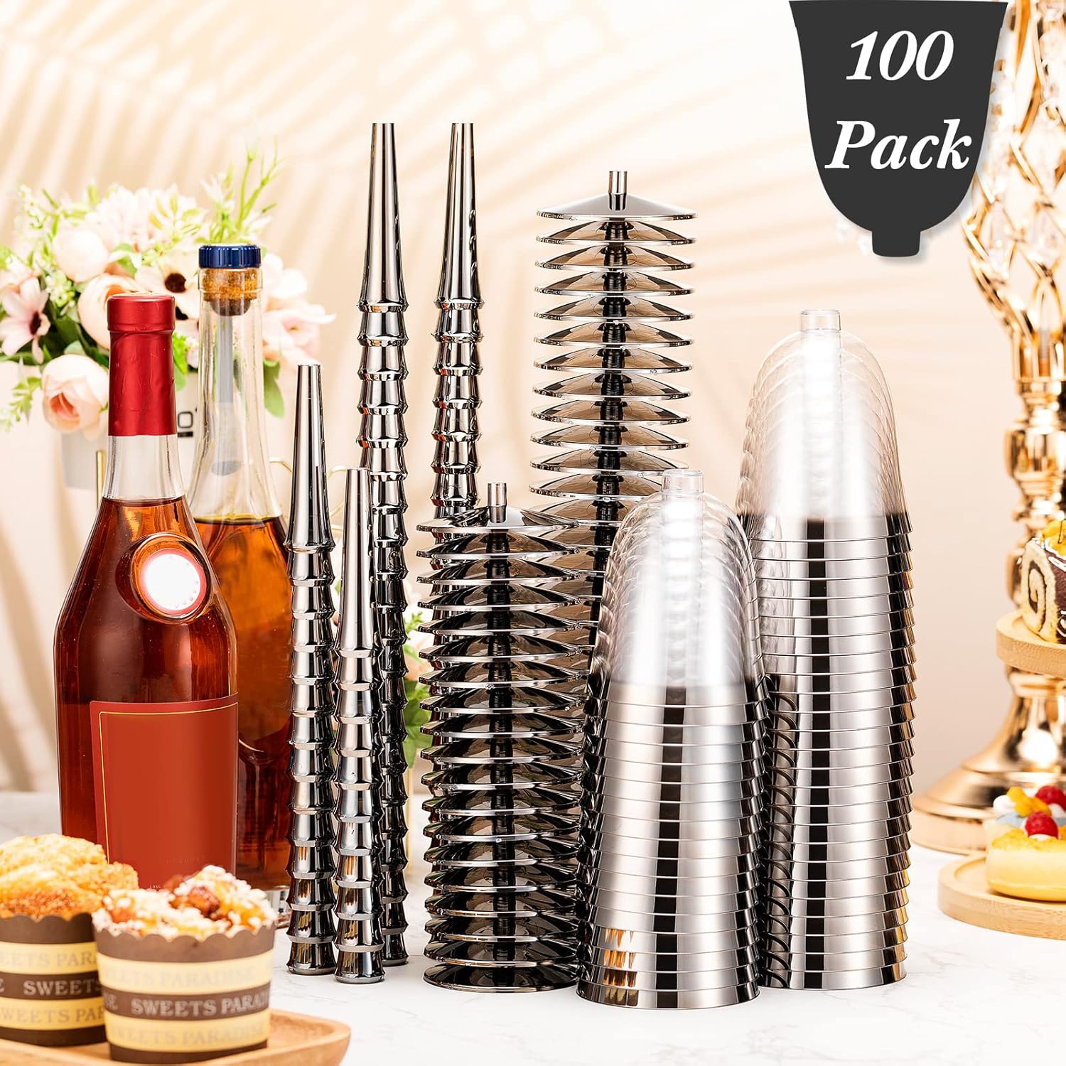 100 Pack Rimmed Disposable Plastic Wine Glasses Bulk 8 Oz Elegant Fancy Wine Cups Stemmed Wine Glasses Clear Cocktail Cups with Long Stem for Party Wedding Anniversary Birthday (Silver) - Image 3