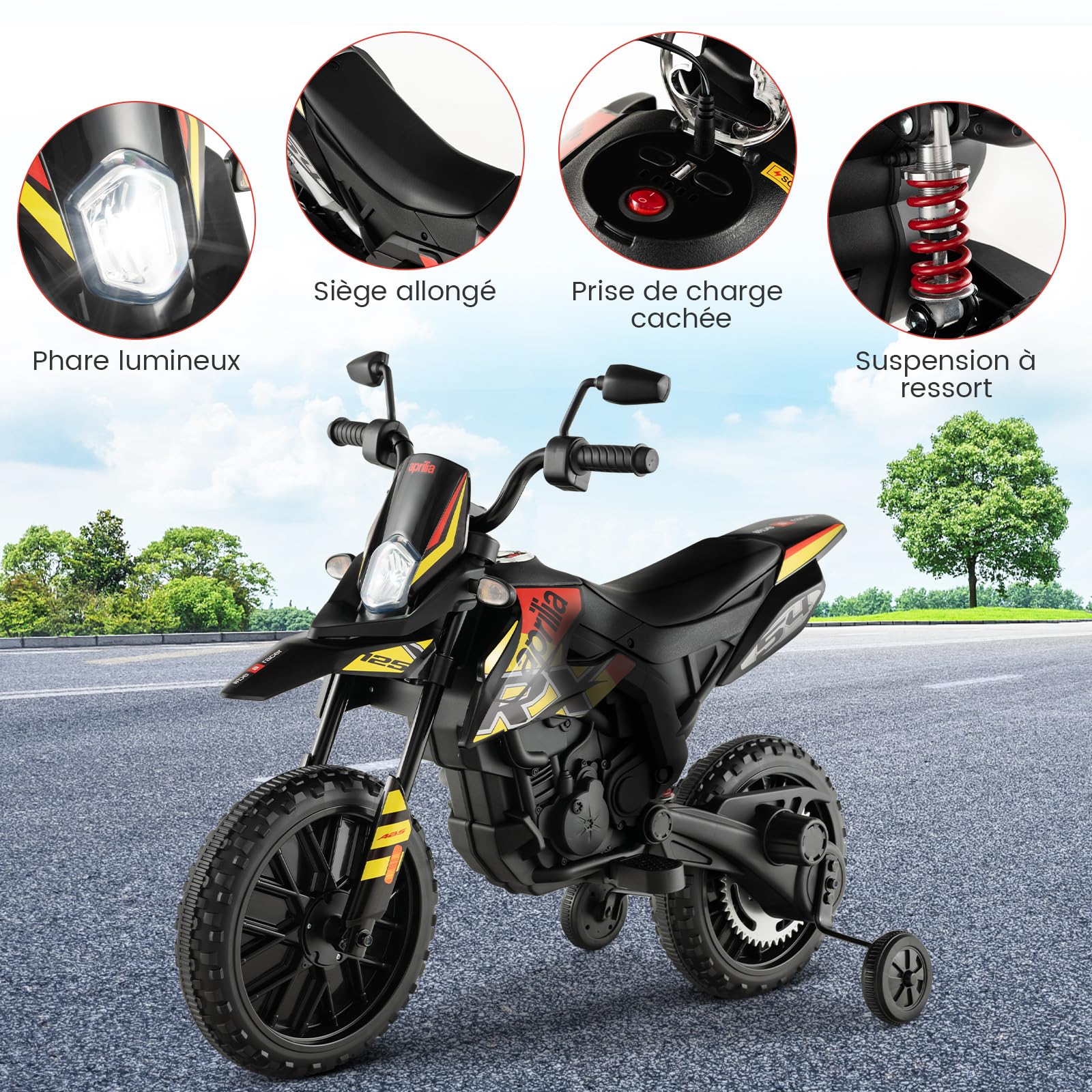 COSTWAY Aprilia Moto Électrique pour Enfants 3-8 Ans avec Musique & Lumière, Voiture Électrique Enfants avec 2 Roues d'Entraînement, Vitesse 5,5-6 km/h, Charge 30KG, 106,5 x 56 x 80CM…