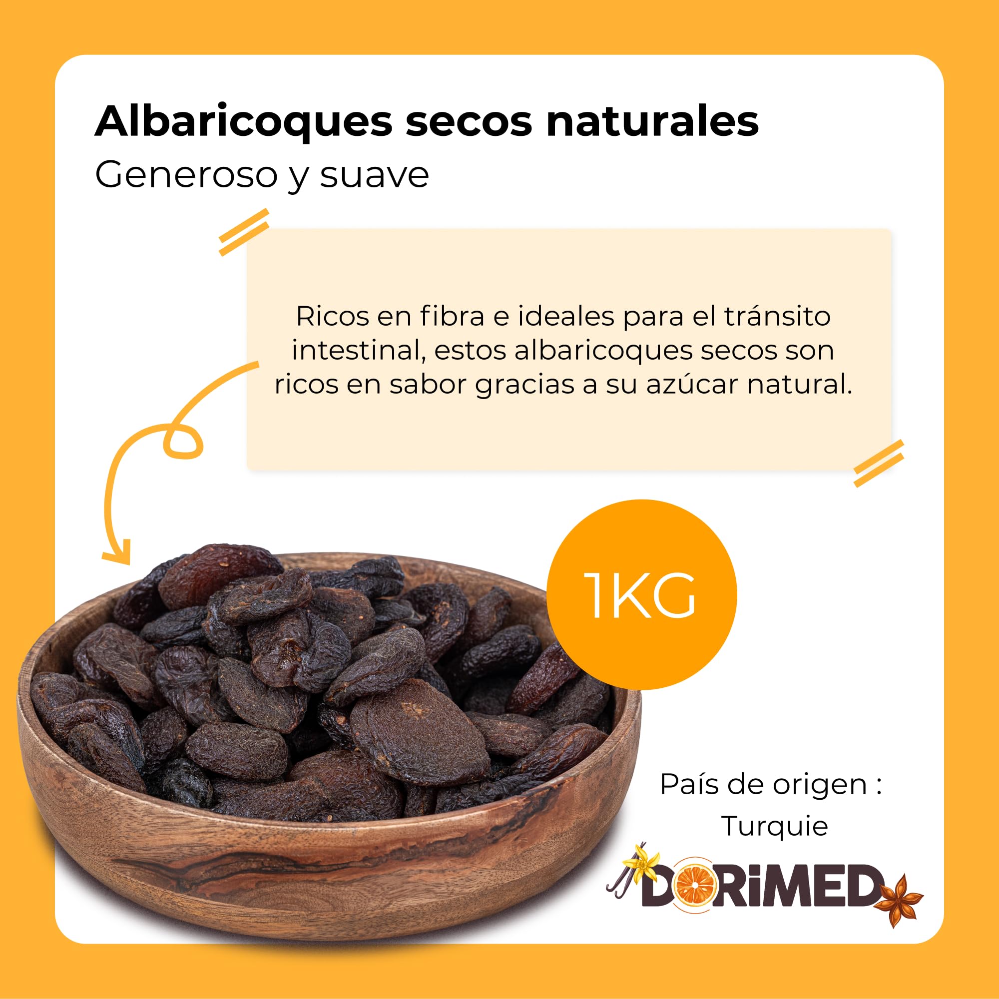 Albaricoques Secos naturales No Sulfurados 1kg | Fruta Seca Desecada | Albaricoque Deshidratado Sin Hueso | Sin Azúcar | Altos en Fibra | Libre de Transgénicos (GMO free) | Dorimed