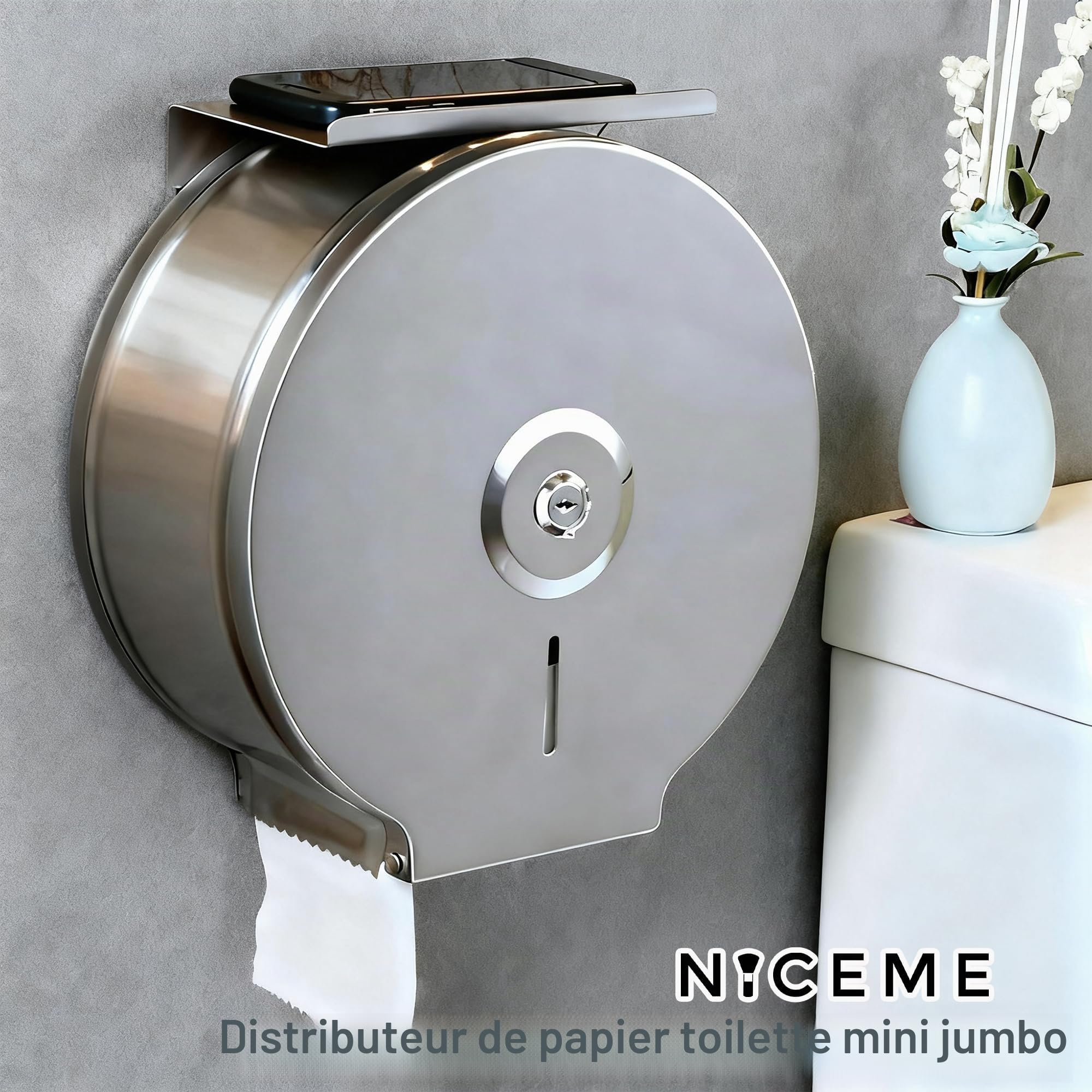 NICEME Distributeur de Serviettes en Acier Inoxydable verrouillable - Porte-Papier Toilette Professionnels - Diamètre 255mm Broche 40mm - Argenté