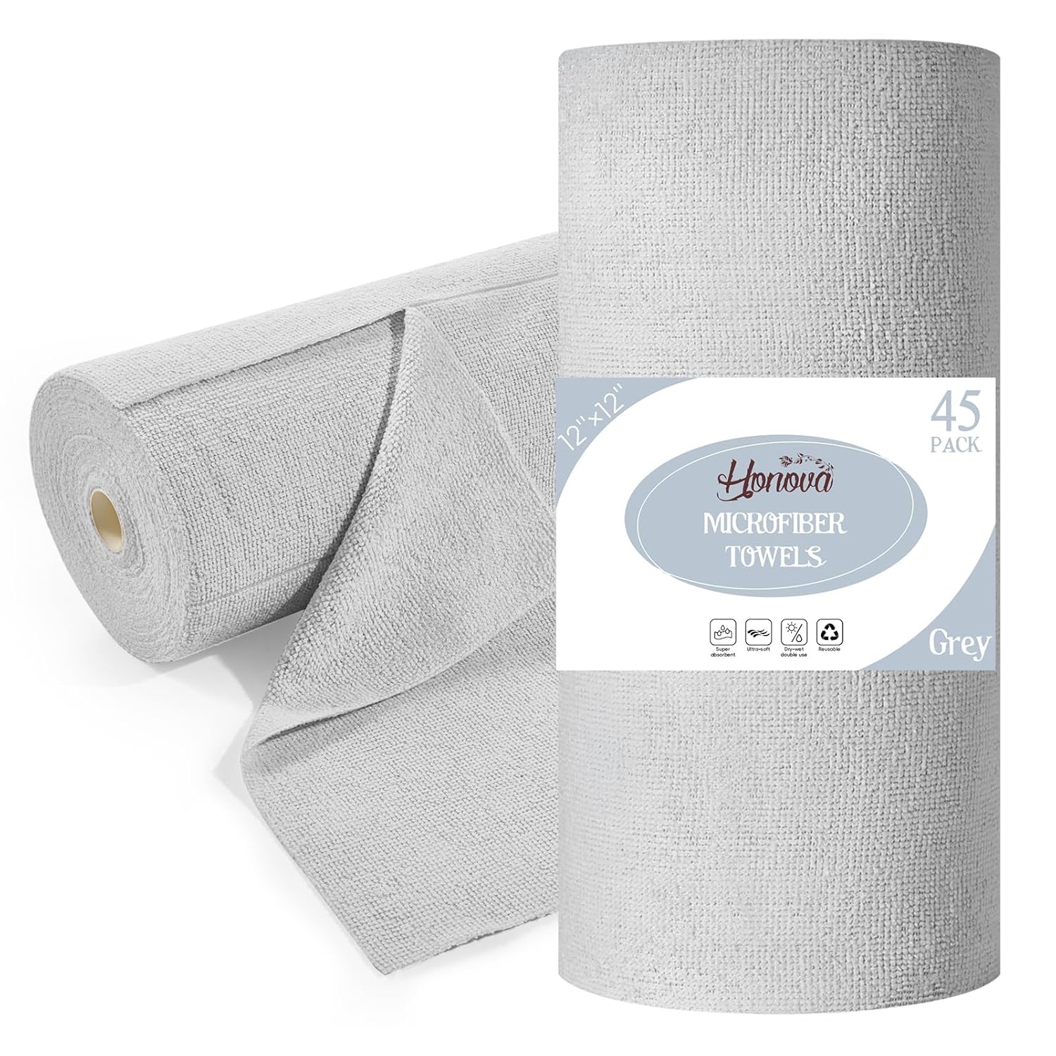 HONOVA Microfiber Cleaning Cloth Roll 45 Pack Reusable Paper Towels Washable Roll 12 x 12 Tear Away Microfiber