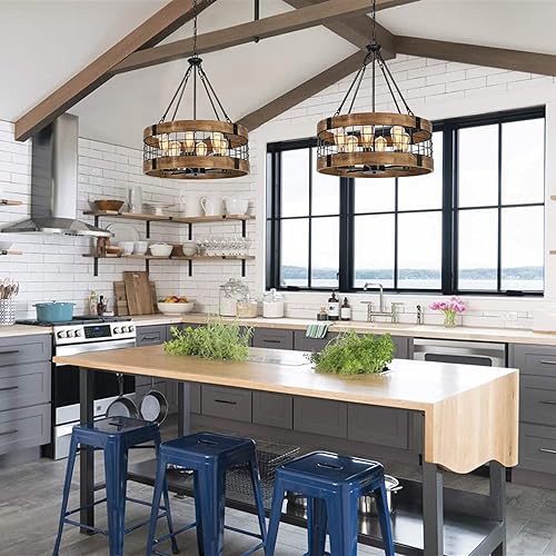 Miniatura 6 de Candelabro de madera de granja de 6 luces para comedor lámparas rústicas de vestíbulo luces colgantes de tambor industrial para entrada de isla de