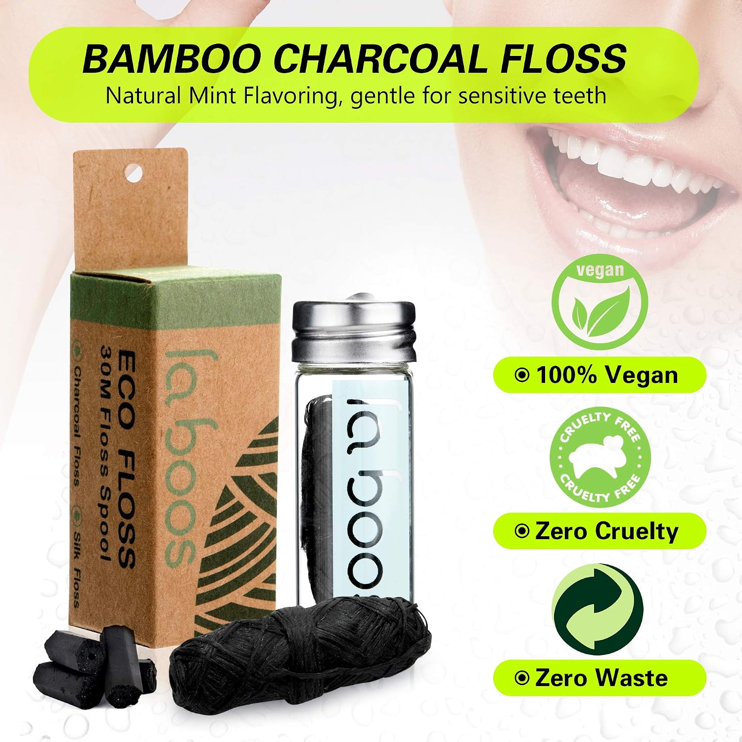 Natural Woven Dental Floss, 2 Pack, Cloud Silk and Charcoal, Supports Dental Care for Tooth and Gum Oral Health, Biodegradable and Compostable Green Eco Thread