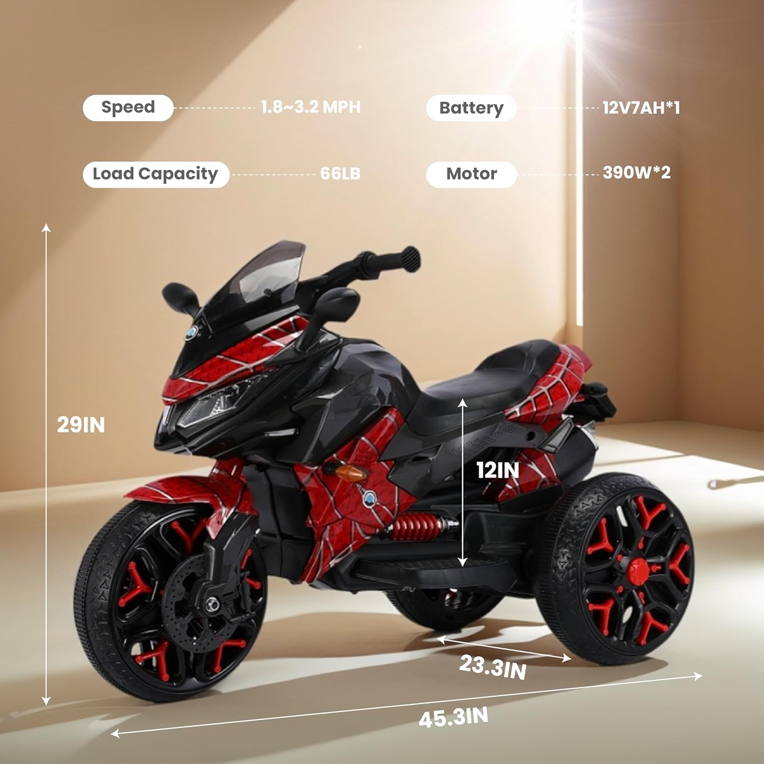 Kids Electric Ride-On Motorcycle, 3-Wheel Toy with LED Lights and Training Wheels, 12V Rechargeable Battery, 66LB Capacity, Ages 3-5