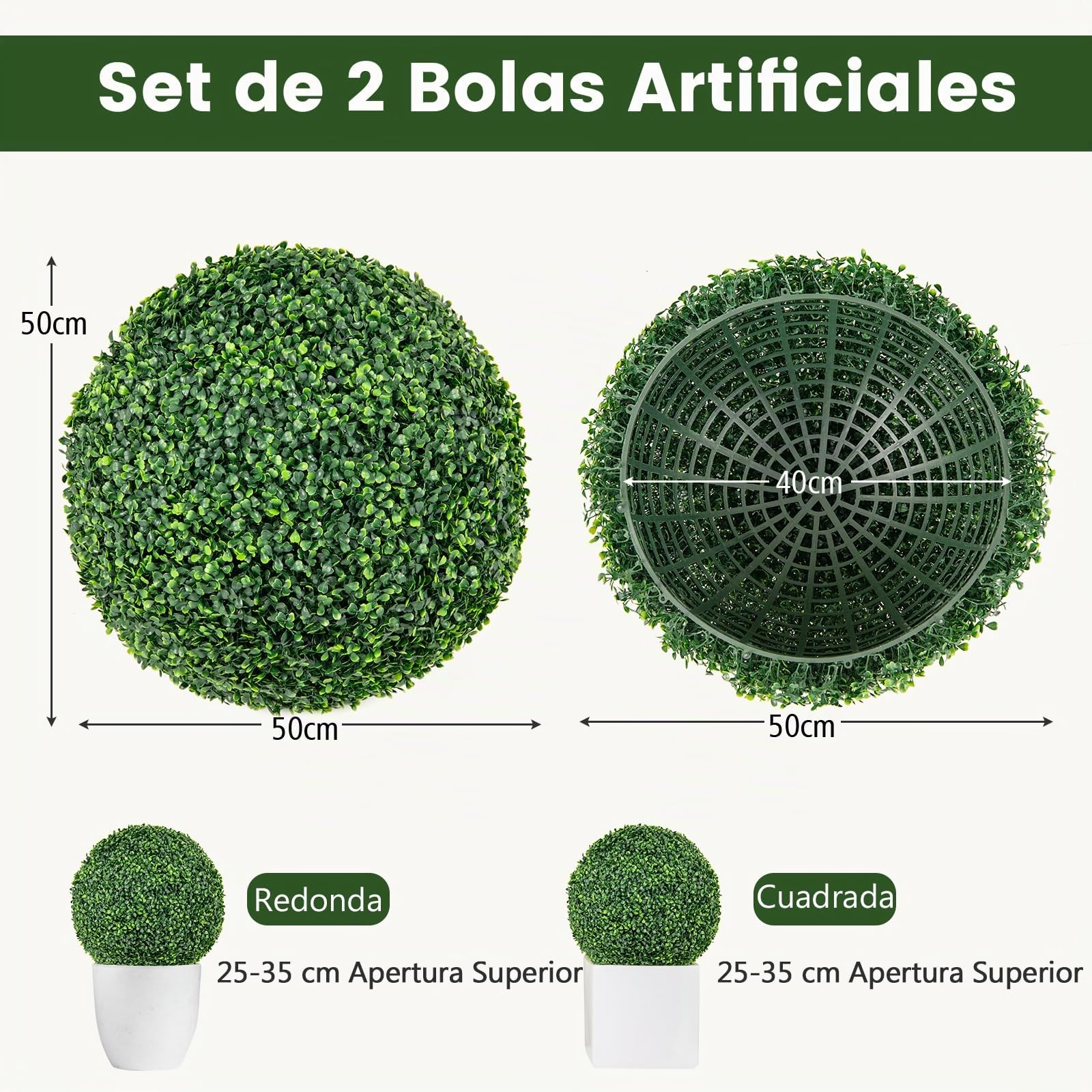 Giantex Juego de 2 Bolas de Topiario Artificial, Plantas Esféricas Falsas de 50 cm, Arbustos Verdes Redondos Resistente al Sol, Bolas Decorativas para Jardín, Patio, Boda