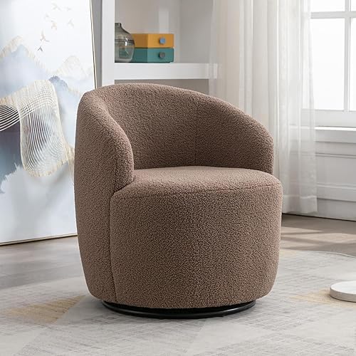 Miniatura 39 de KIVENJAJA Silla giratoria de barril tapizada de tela de peluche, moderna silla redonda con brazos, sillón pequeño giratorio de 360 grados para Azul