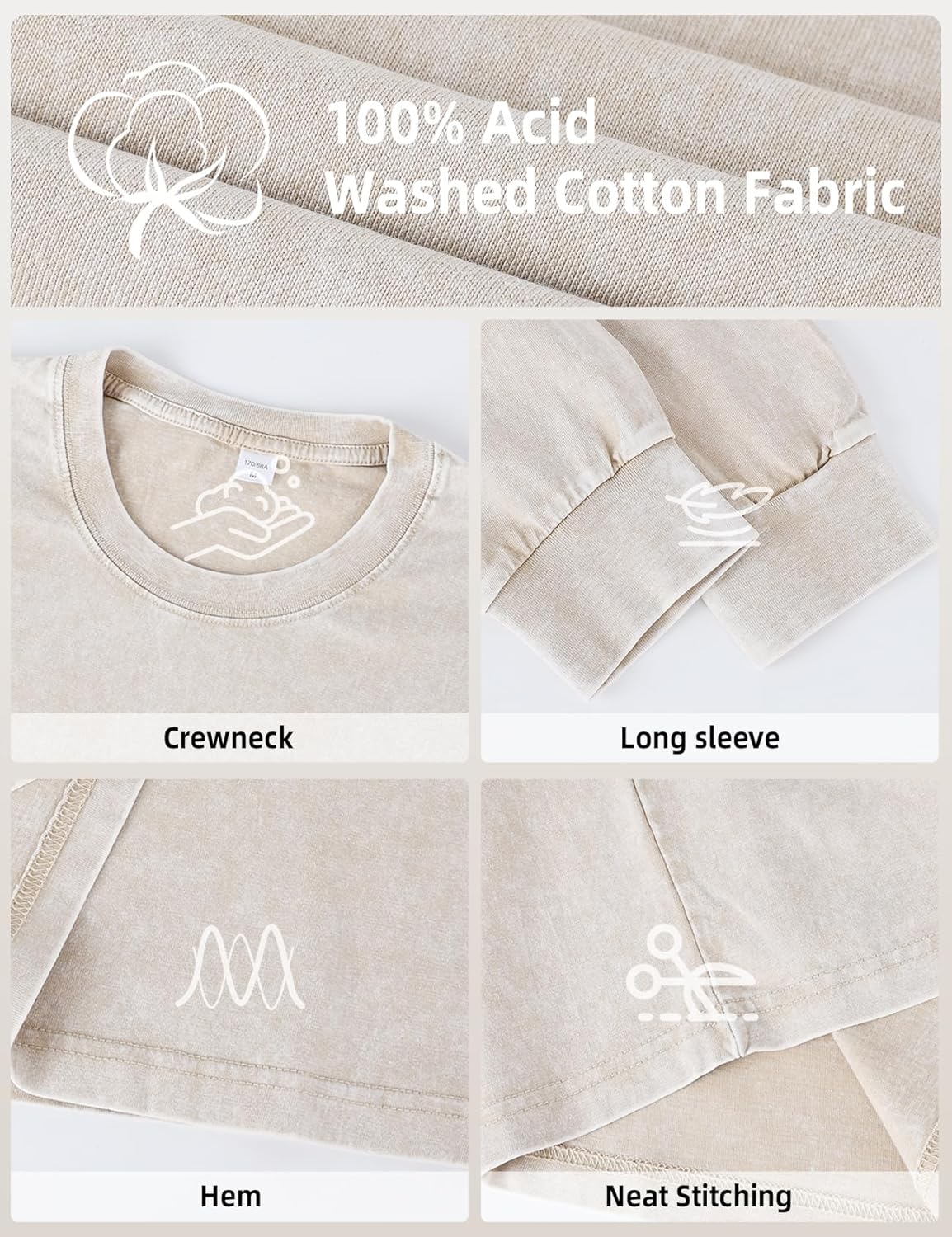 Arssm Mens Oversized T-Shirts Cotton Long Sleeve Tshirts Vintage Acid Wash Baggy Tees - Image 7