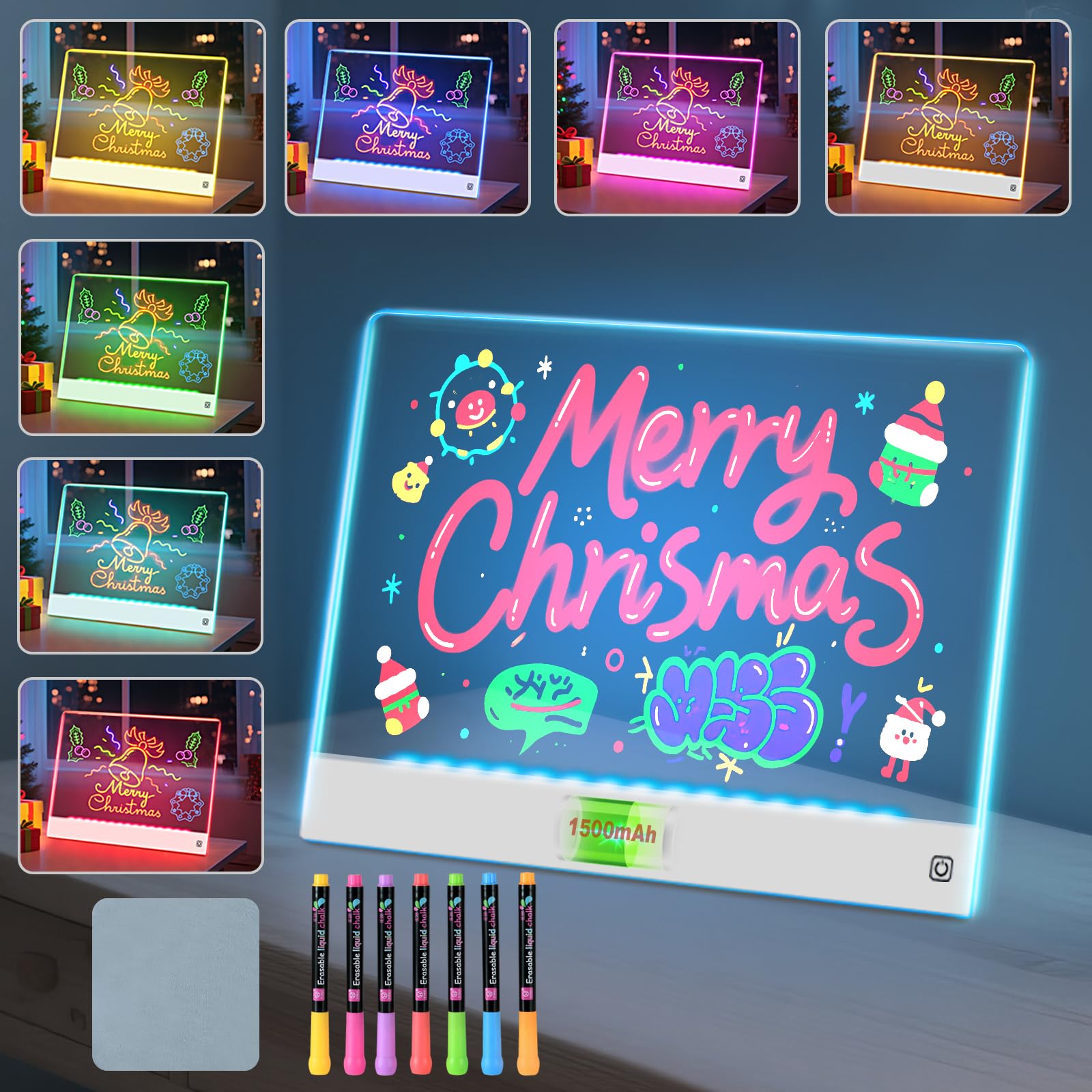 Tablero de notas LED con 7 colores, pizarra de borrado en seco acrílico con luz recargable, tablero de dibujo LED con soporte invisible, tablero de garabatos brillante, regalos de cumpleaños y