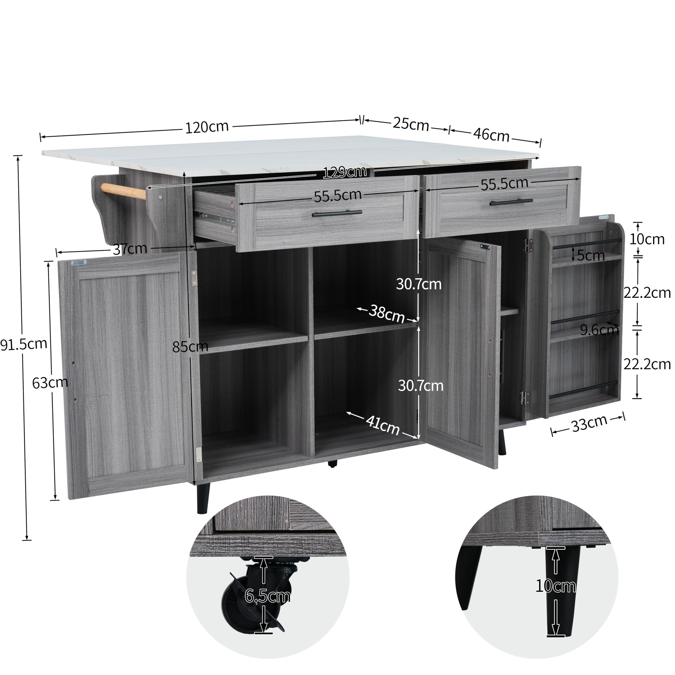 Isola da cucina autoportante con piano di lavoro pieghevole, mobile da cucina su 5 ruote, con ripiano e 2 cassetti, per cucina e sala da pranzo, 129 x 46 (71) x 91,5 cm (grigio - A)