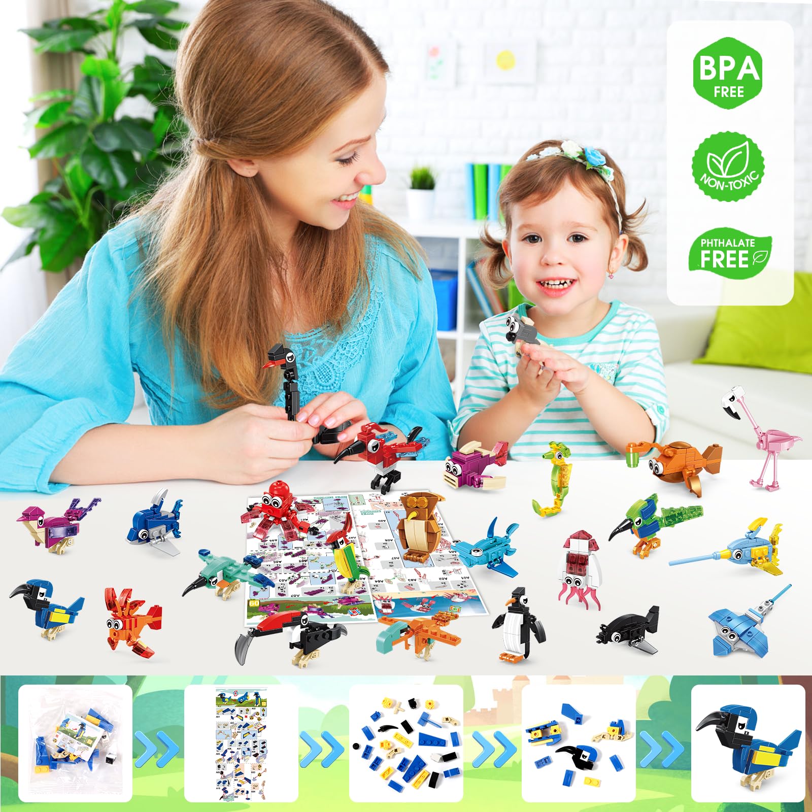 MOONTOY Regalini Fine Festa Compleanno Invitati, 24 Pack Animali Blocchi da Costruzione Gioco Costruire, 3 IN 1 Mini Mattoncini Costruzioni Bambini 3-12 Anni, Party Favors per Pasqua Carnevale Natale