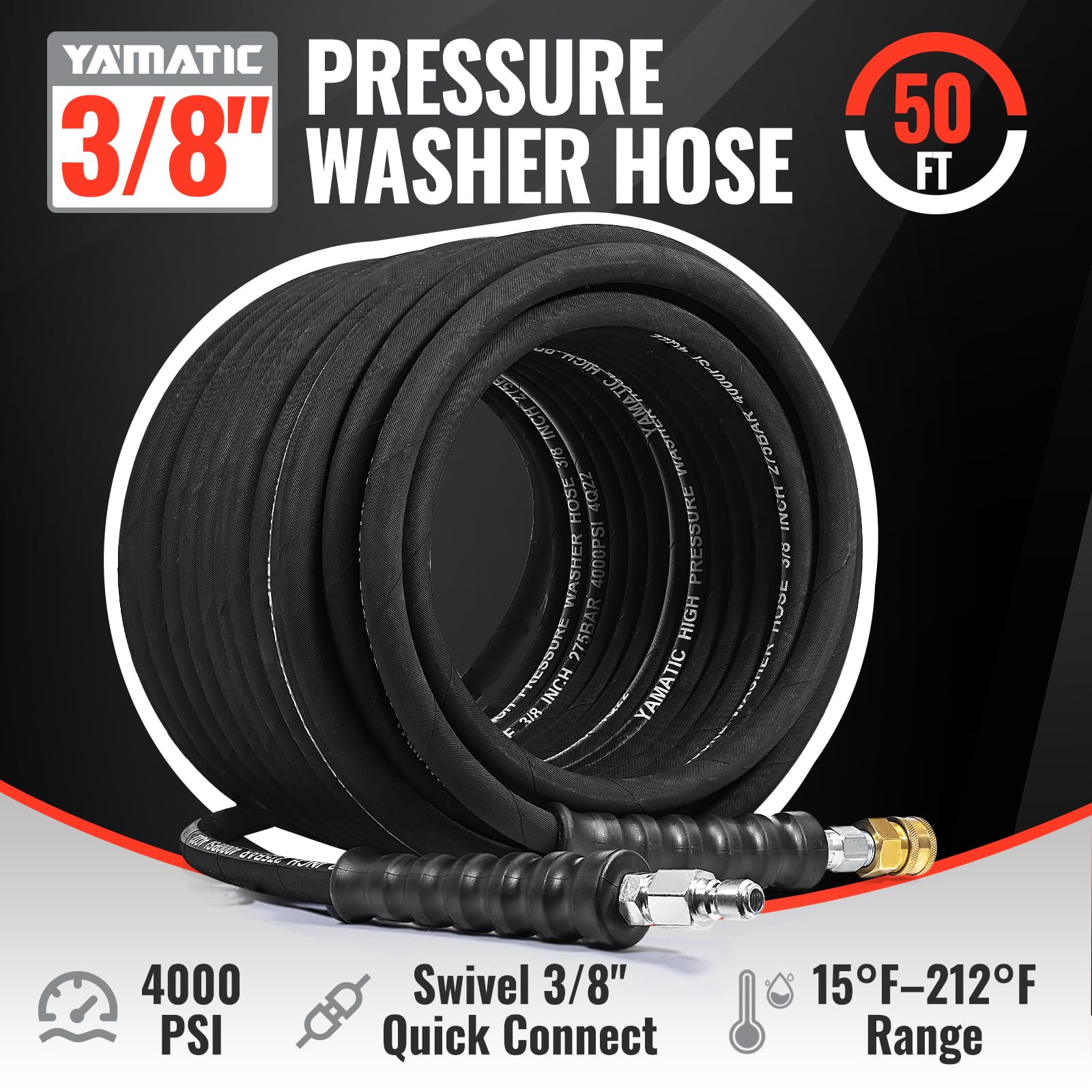 YAMATIC Pressure Washer Hose 3/8" x 50 FT, 4000 PSI, Swivel Quick Connect — Amazon image 2