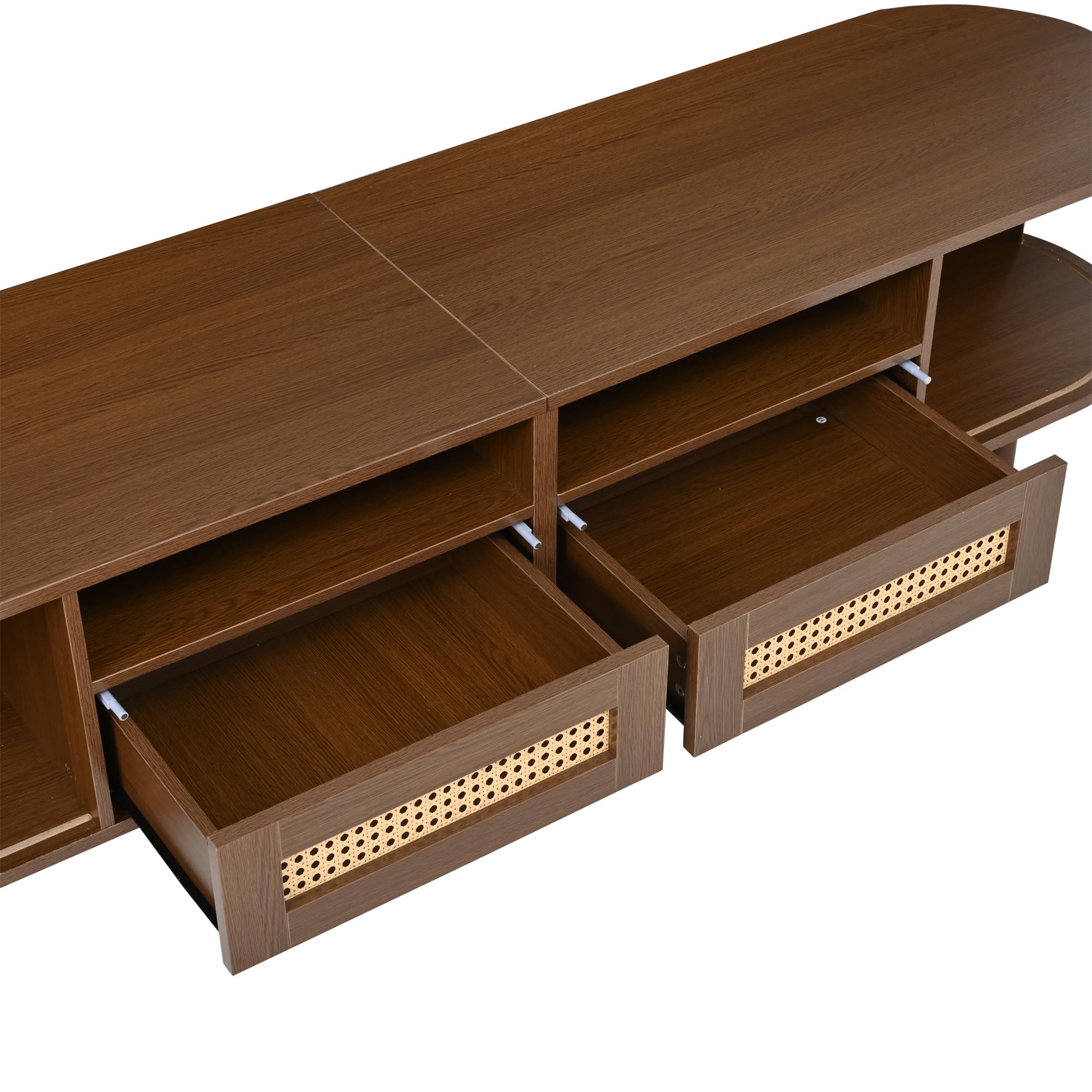 SACOOL Supporto per TV ovale e tavolo per TV, 170 x 40 x 40 cm, mobile TV con 2 cassetti design in rattan, 2 ante scorrevoli, lowboard fino a 70 pollici, tavola TV e cassettiera TV, noce