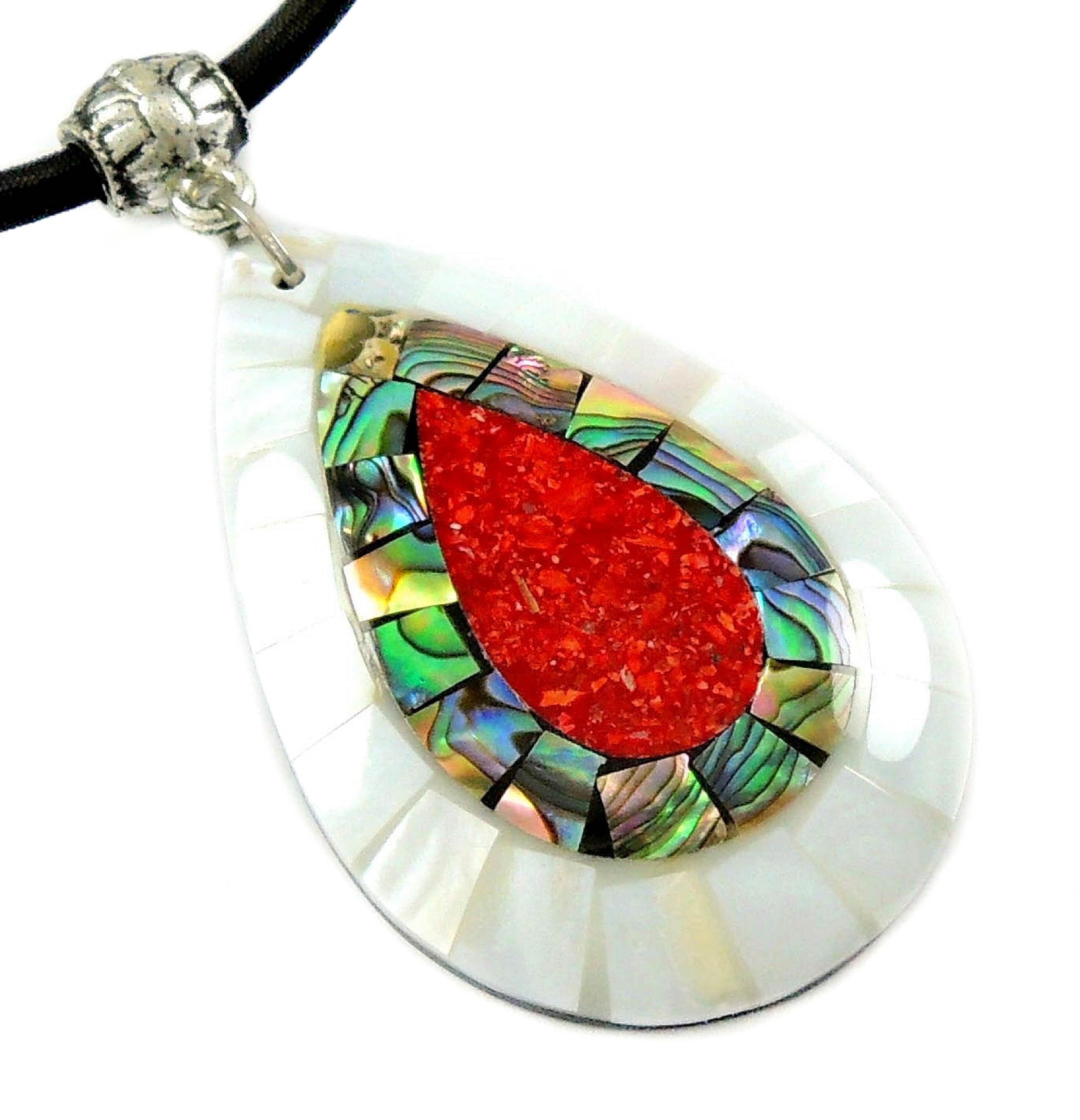 Paua Abalone Shell Necklace with Red Coral and Mother of Pearl Pendant on 16 to 27 inch Adjustable Cord Jewelry CA423