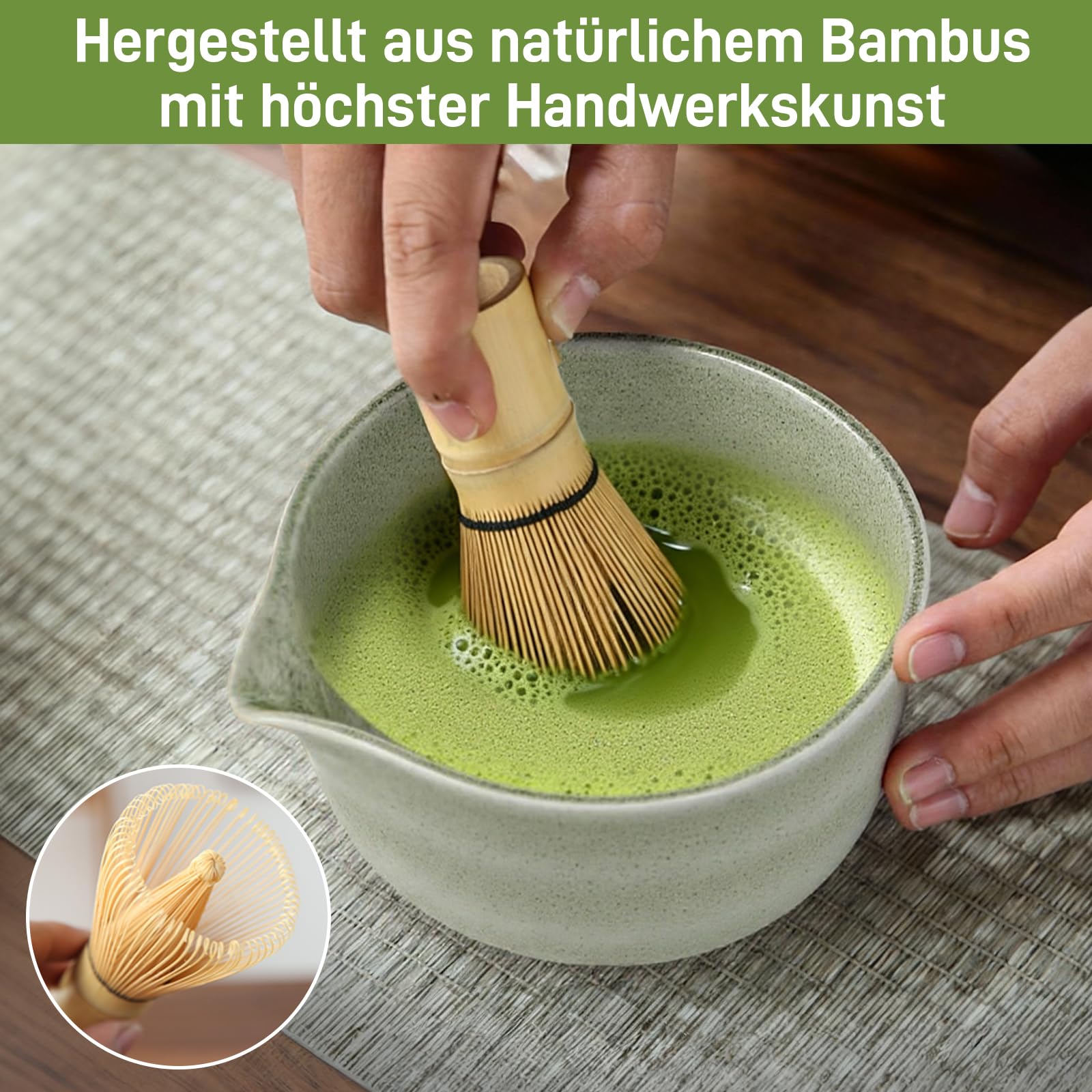 Matcha Set 6-teilig, Japanisches Matcha Tee Set mit Keramikschale mit Ausgießer, Bambusbesen, Besenhalter, Edelstahl-Sieb, Bambuslöffel, Traditionelles Matcha Starter Set für Teezeremonien