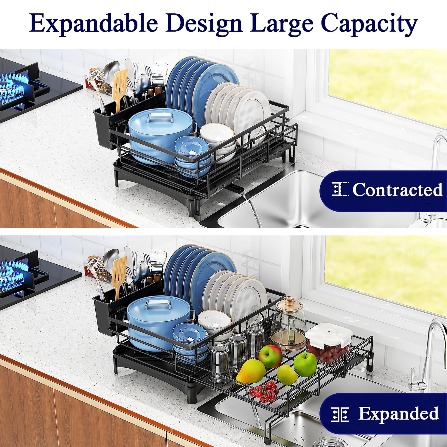 COHOSEGE Large Dish Drying Rack,Extendable Dish Rack with Cutlery Holder, Anti-Rust Black Dish Racks for Kitchen Counter,Dish Drainers for Kitchen Sink,Over The Sink Drying Rack Kitchen