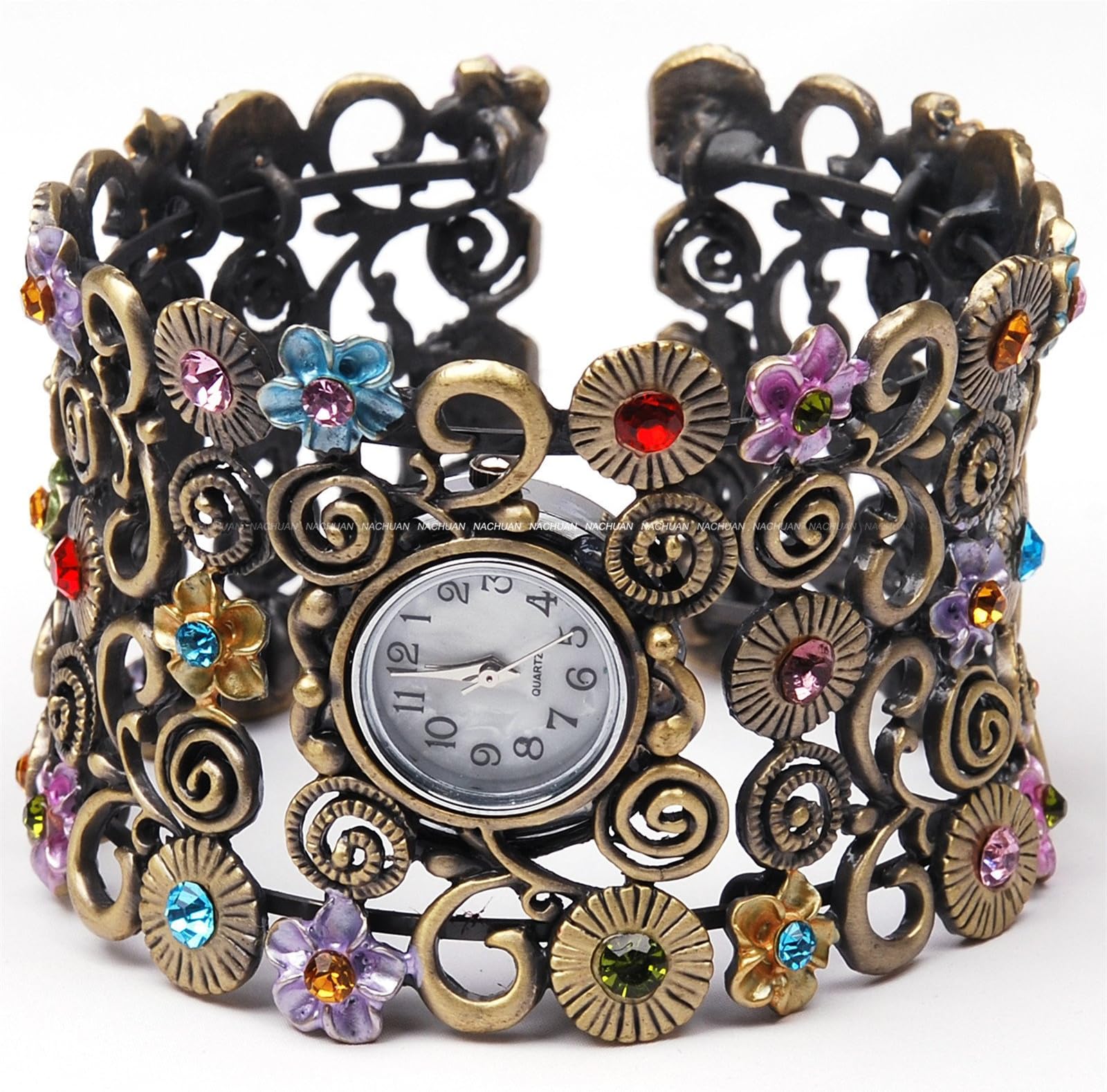New Flower Crystal Multicolor Charm Bracelet Bangle Lady Women Quartz Cuff Watch
