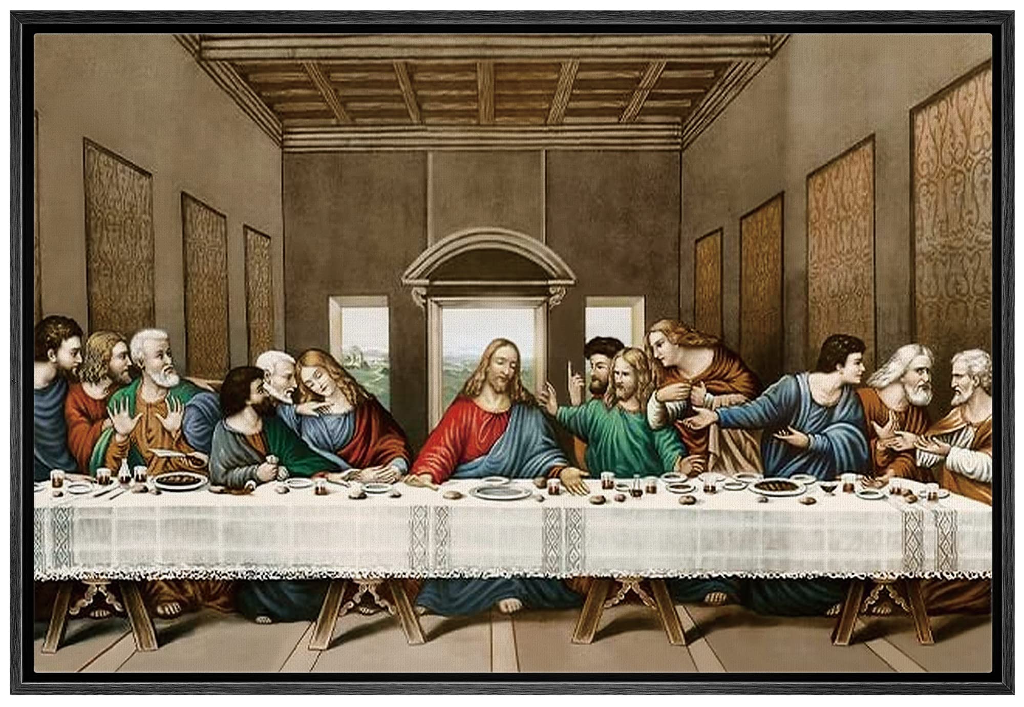 IDEA4WALL Framed Canvas Print Wall Art The Last Supper by Leonardo da Vinci Coastal Historic Illustrations Renaissance Traditional Portrait Colorful for Living Room, Bedroom, Office