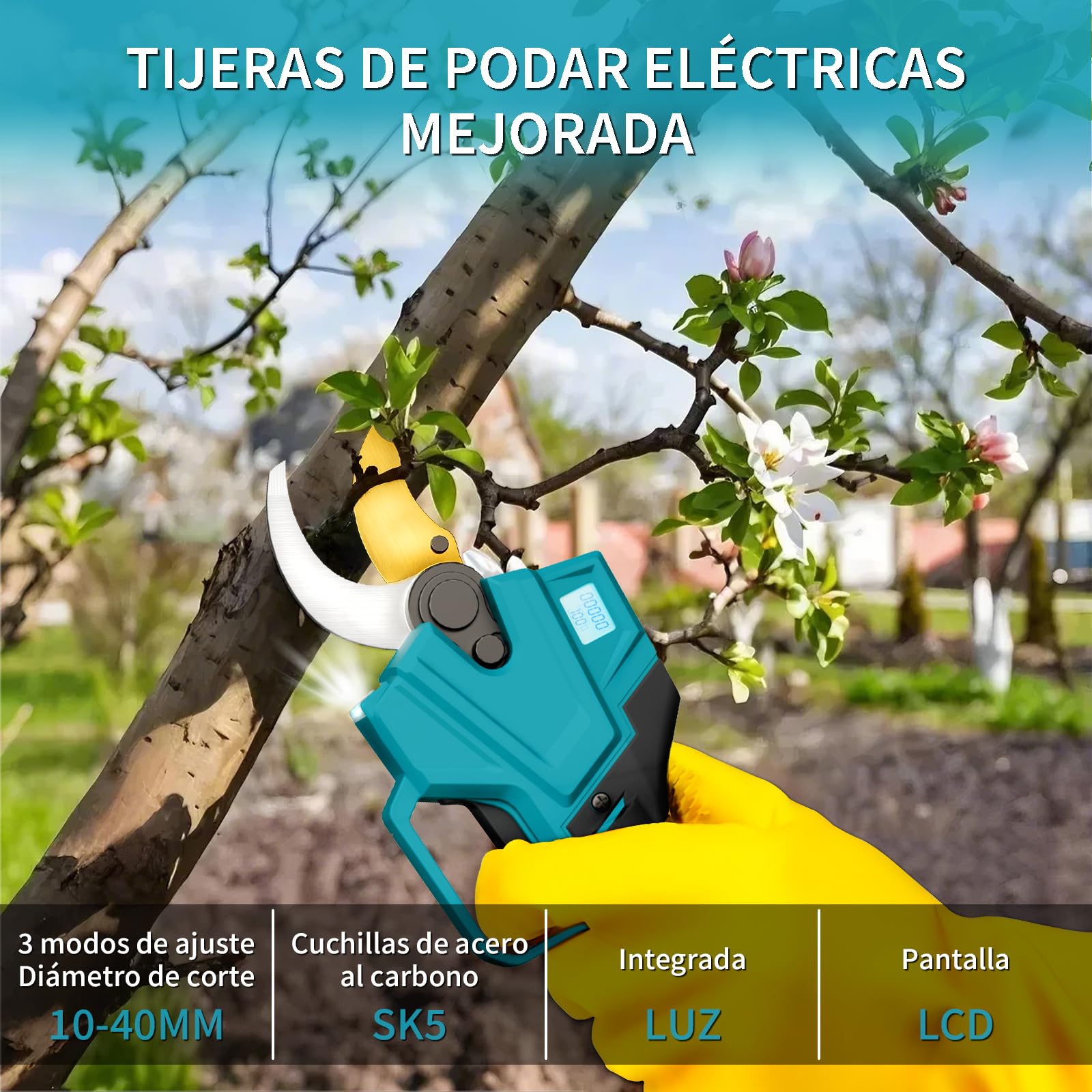 Tijeras de Podar Eléctricas.2baterías de litio 4000 mAh,Motor sin escobillas de 1000W,Ramas hasta 40mm,Cuchillas con Revestimiento de Titanio,Control Digital,Incluye Maletín y Accesorios