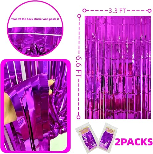 Miniatura 4 de Juego de 2 cortinas amplias de flecos de papel de aluminio rosa intenso, telón de fondo para cabina de fotos, decoración de fiesta de oropel