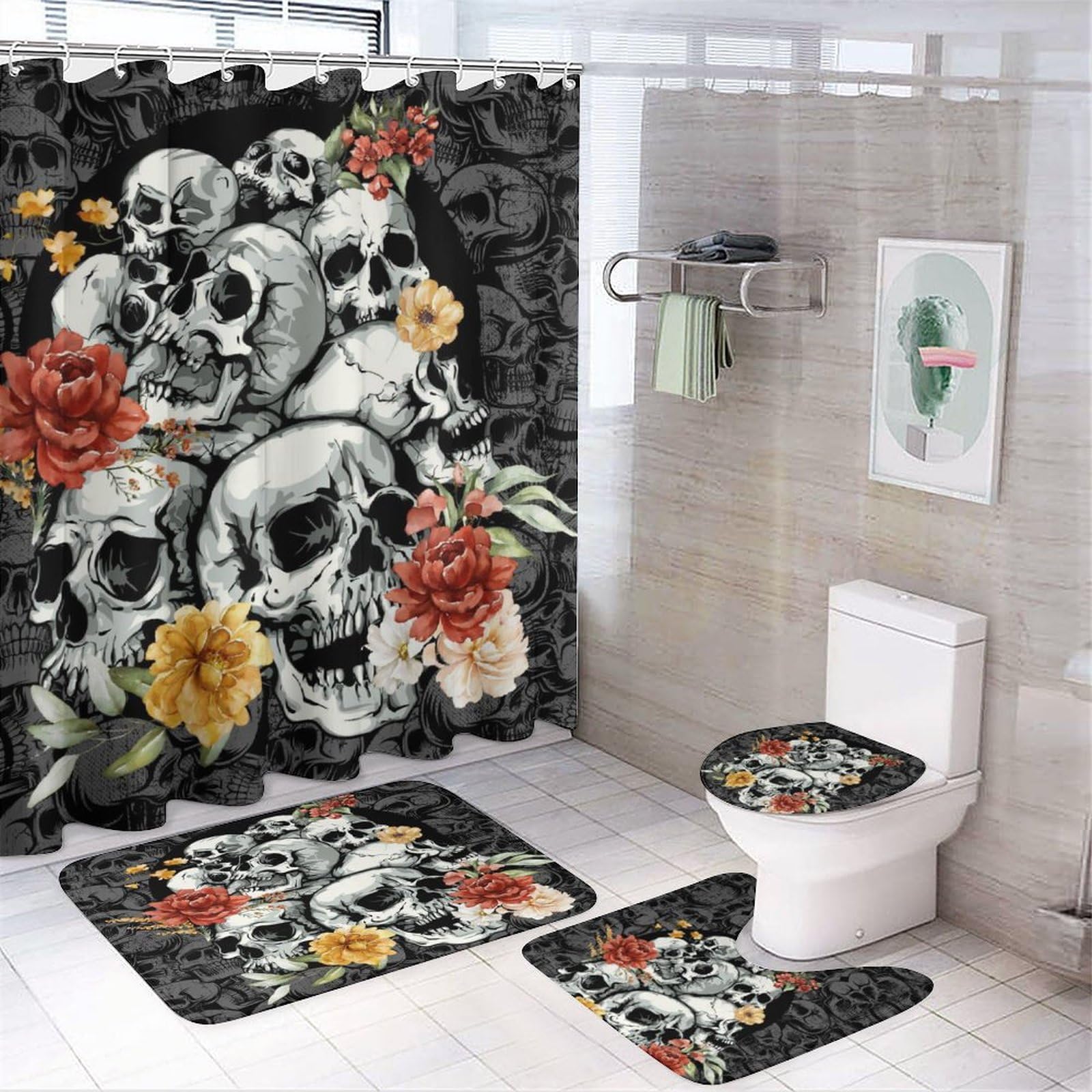 COALHO Juego de 4 cortinas de ducha impermeables con diseño de calavera de rosas rojas, fantasía, abstracto, gótico, esqueleto, con cubierta de inodoro impermeable, alfombra de ducha, 183 x 183 cm