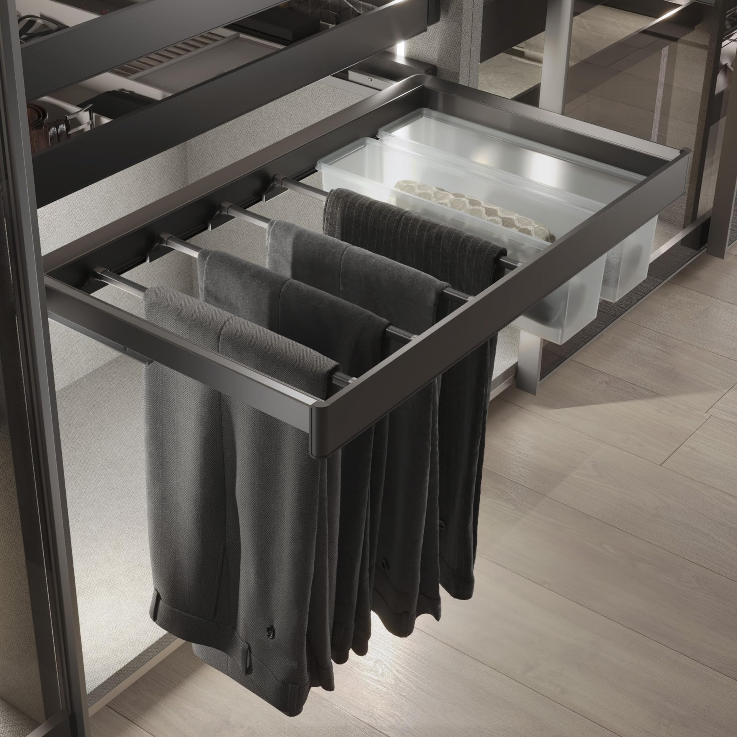 Emuca - Kit de porte-pantalon à 7tringles et rack ajustable Quartz pour armoires, glissières extension totale et à fermeture douce, Module 90cm, Finition Titane