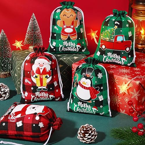 Miniatura 3 de 72 bolsas de arpillera con cordón de Navidad, bolsas de regalo de Navidad a cuadros de búfalo de 5 x 7 pulgadas con etiqueta, bolsas pequeñas de