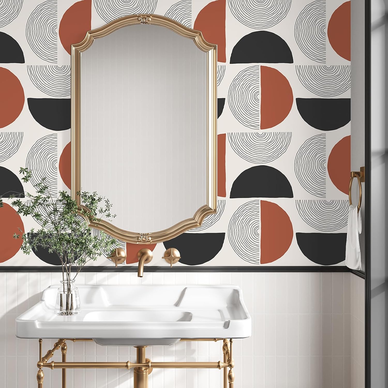 VEELIKE Abstract Half Circles Geometric Peel and Stick Wallpaper Modern Mid Century Wallpaper 17.7''x354'' Self Adhesive Boho Geometric Contact Paper Removable Art Deco Wall Paper for Bedroom Bathroom