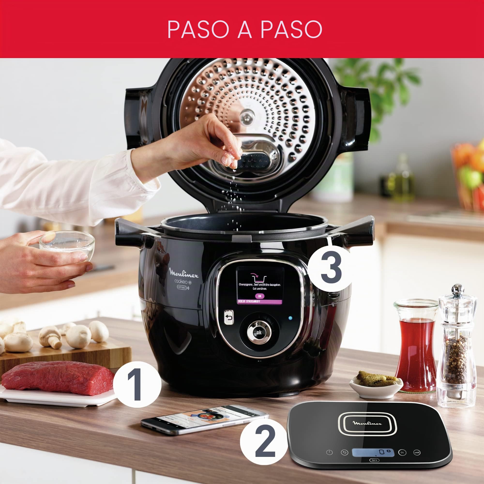 Moulinex Olla multicocción inteligente de alta presión, 6 litros, 150 recetas, 6 modos de cocción, guía paso a paso, uso fácil y rápido Negro