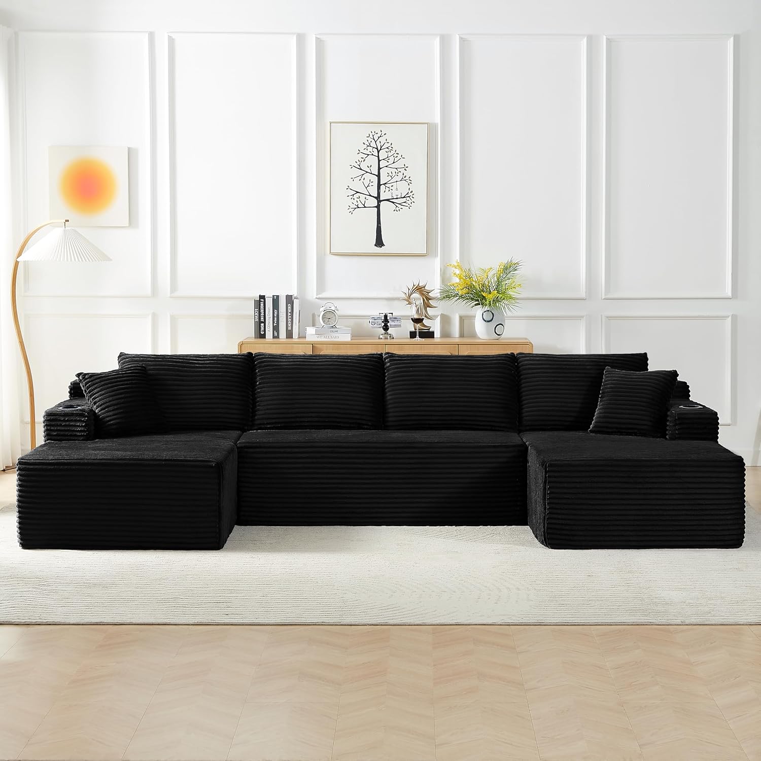 Minimalist Modular U-Shaped Sectional Sofa Set – Corduroy Cloud Couch with Pocket Spring Support | No-Assembly, Customizable Layout for Living Room/Apartment/Guest Room (Black)