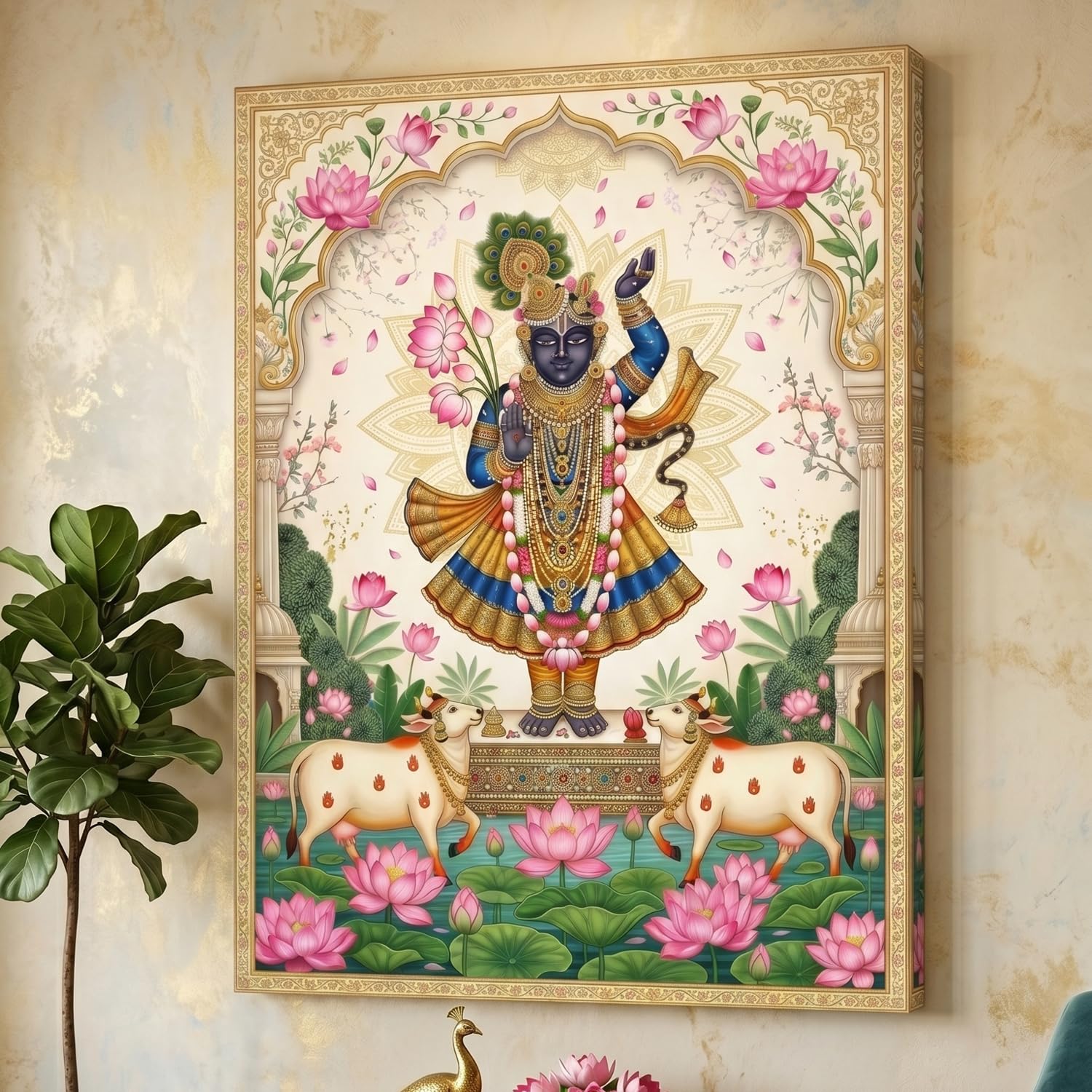 Shrinathji Pichwai Painting Canvas Wall Art for Living Room | Lord Krishna with Kamdhenu Cow Lotus Pond Spiritual Painting | Vastu Wall Decor for Home, Bedroom, Office | Premium Canvas Print (24x36 inch)-image-24