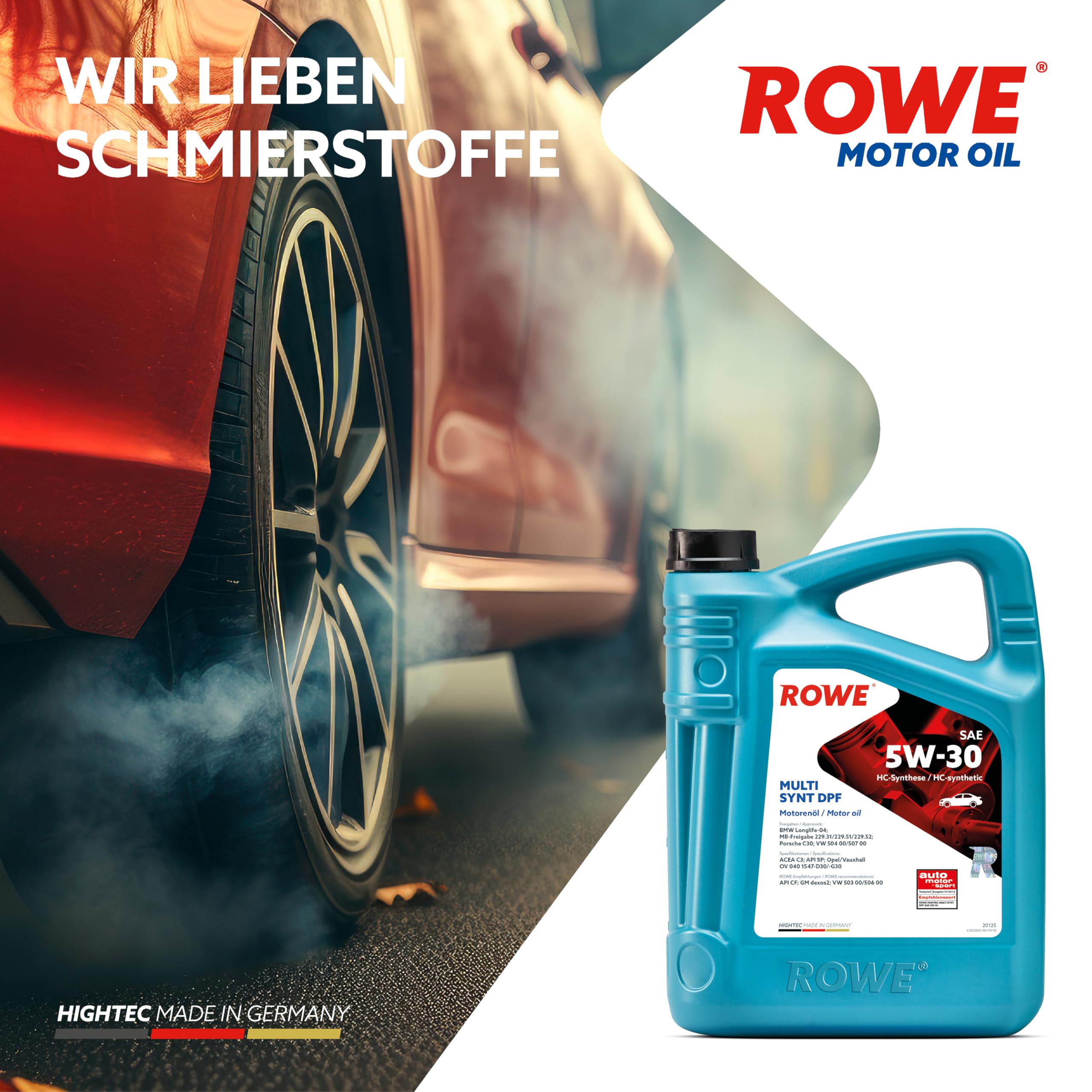 ROWE Aceite de motor 5W-30 HIGHTEC Aceite sintético HC (Hydro Cracked) ACEA C3 API SP MULTI SYNT DPF 5L Compatible con VW Polo V Hatchback 6R1, 6C1 up! Hatchback 121, 122, BL1, BL2, BL3, 123, TOYOTA | Aceite de motor para motores modernos de gasolina y di