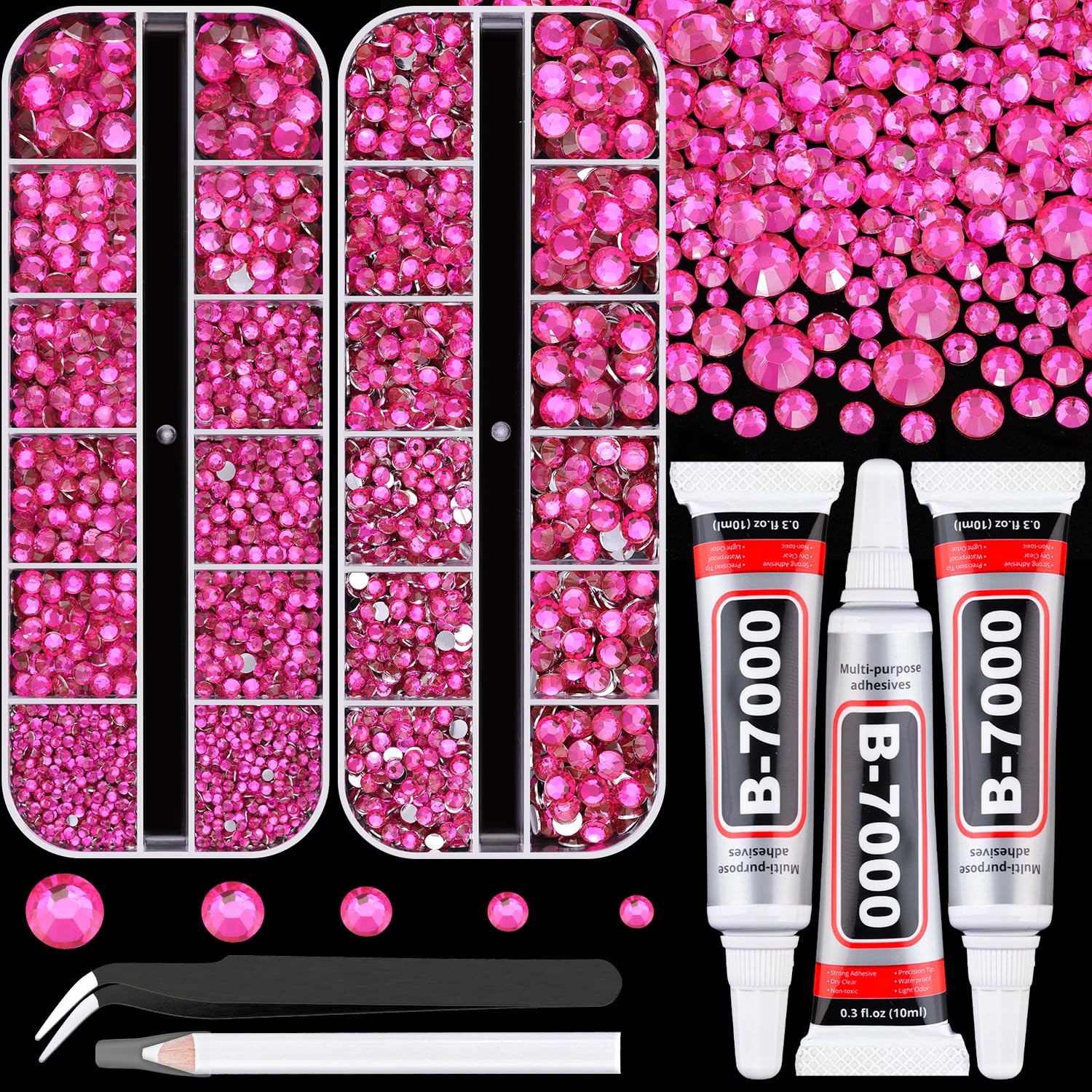 Resin Rhinestones for Crafting with B7000 Jewelry Glue, 2 Boxes Hot Pink Flatback Crystals with 3Pcs 10ml Glue for Bedazzling Crafts DIY Nail Art