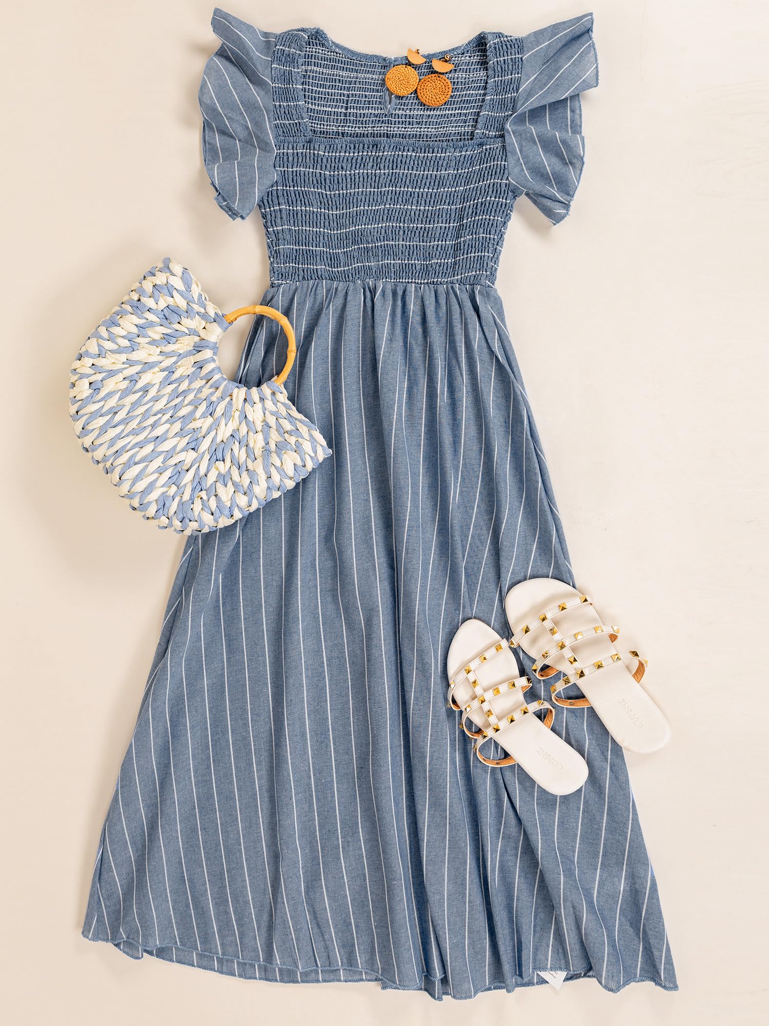 CUPSHE Damen Midi-Sommerkleid mit Karrée-Ausschnitt und Volantärmeln | Das elastische Smock-Oberteil passt sich flexibel an; der weit ausgestellte A-Linien-Rock fällt locker.