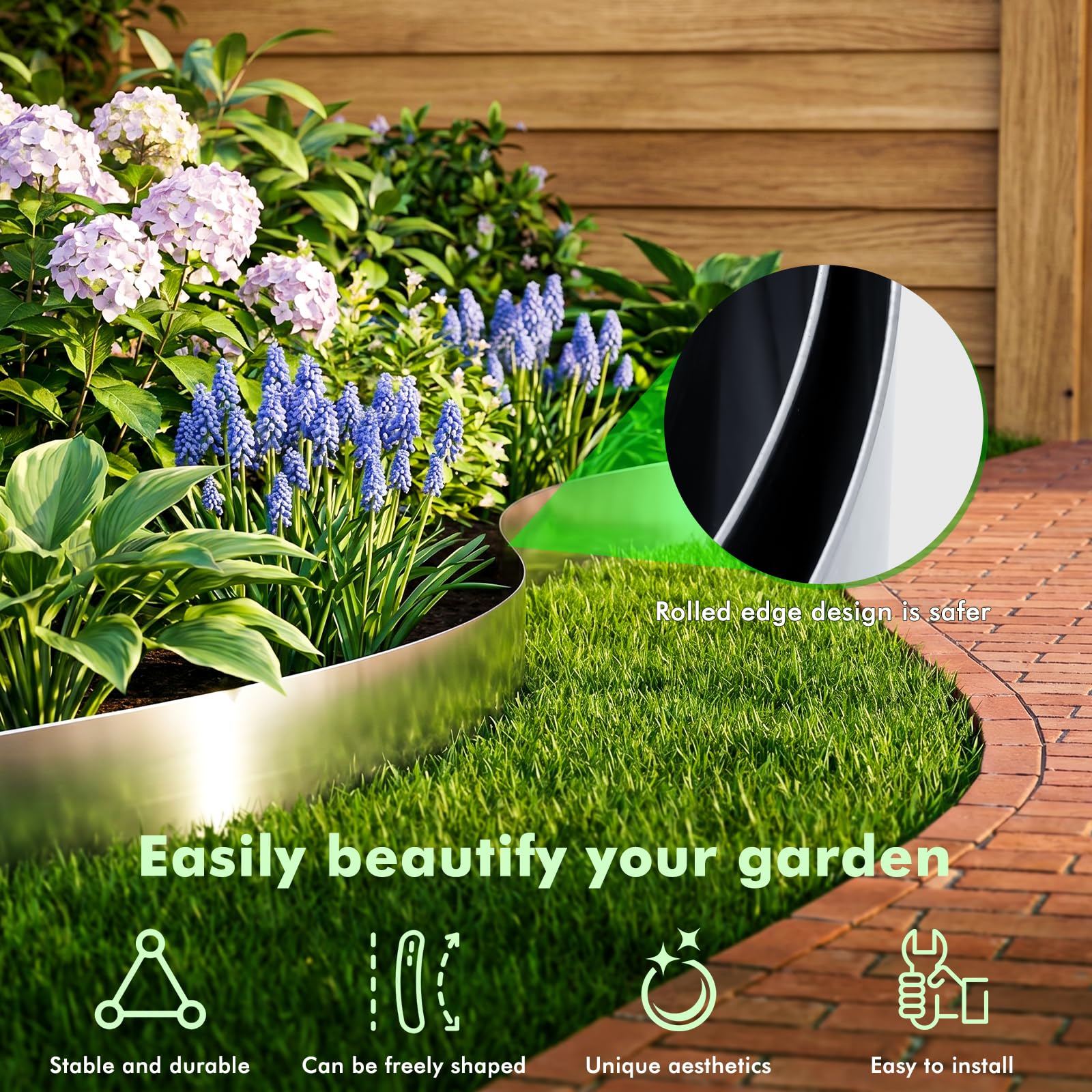 Rasenkante Metall, 10M*15 cm Beeteinfassung Metall, Rostfrei Langlebig Silber Beetumrandung Metall 15 cm hoch, Beetumrandung Einfache Montage Garten Rasen Wege