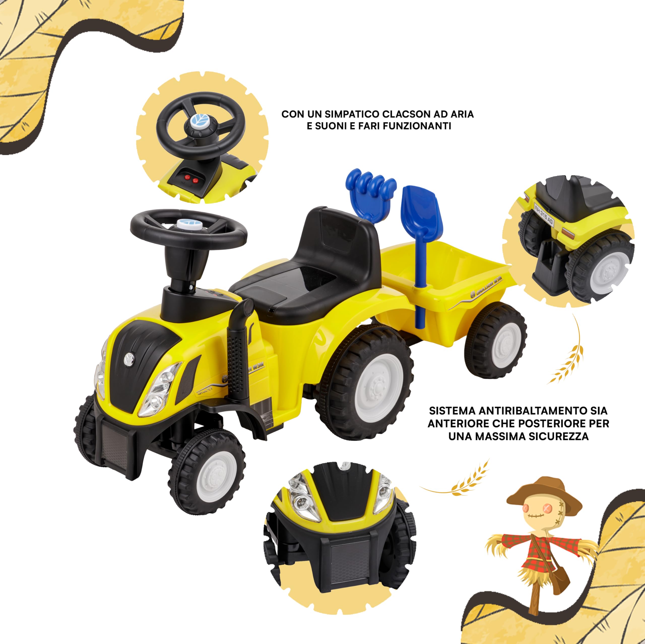 Baroni Toys Trattore Ride-On con Rimorchio per Bambini dai 12 a 36 mesi, Trattore con Clacson ad Aria, Volante Sterzante, Suoni e Fari Funzionanti, Paletta e Rastrello Inclusi, 29x91x44 cm, Giallo