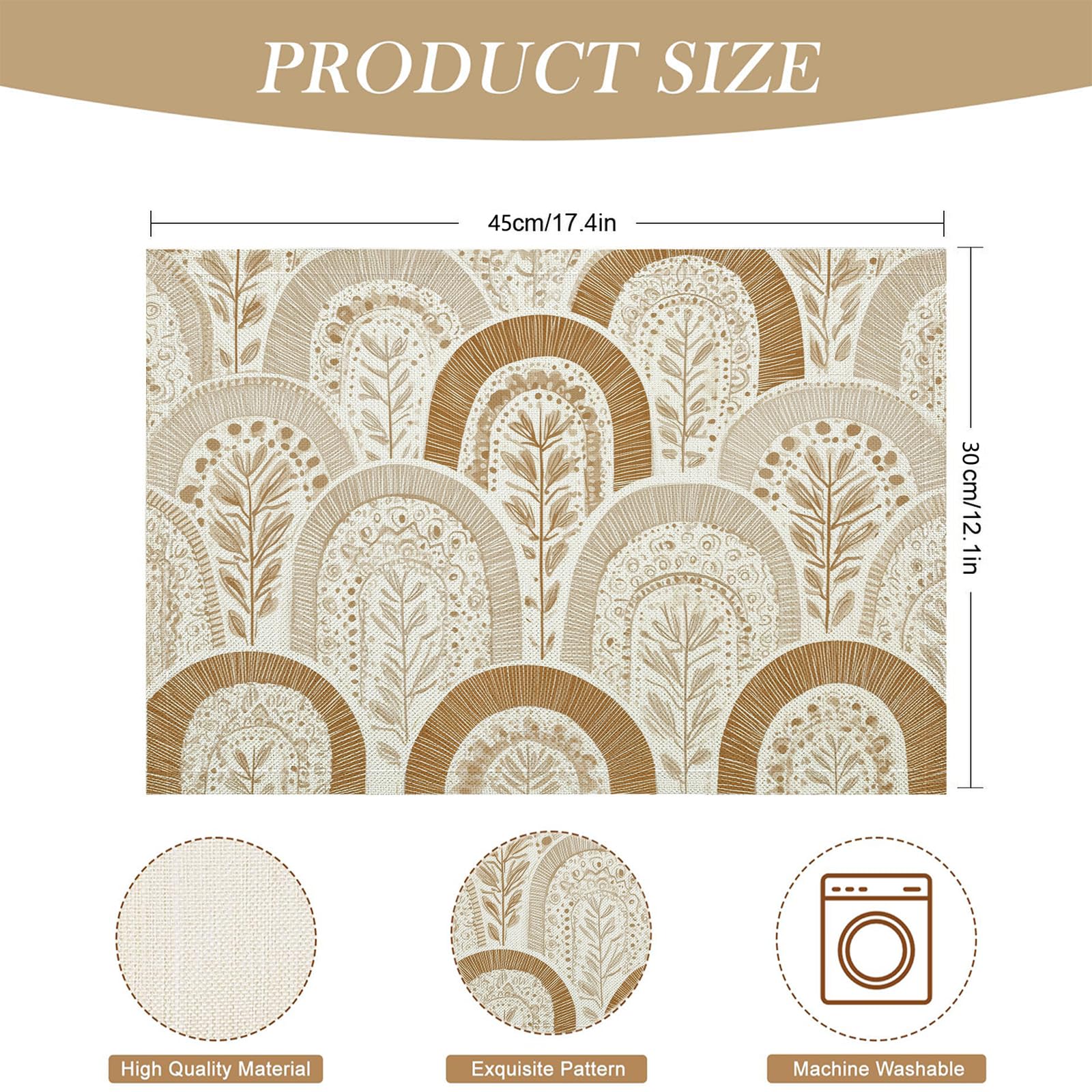 Set de Table Géométrie - 8 Pièces Tapis de Table Arche Beige en Coton et Lin 45×30cm Lavable Placemats Rectangulaire Réutilisable pour Salle à Manger, Salon