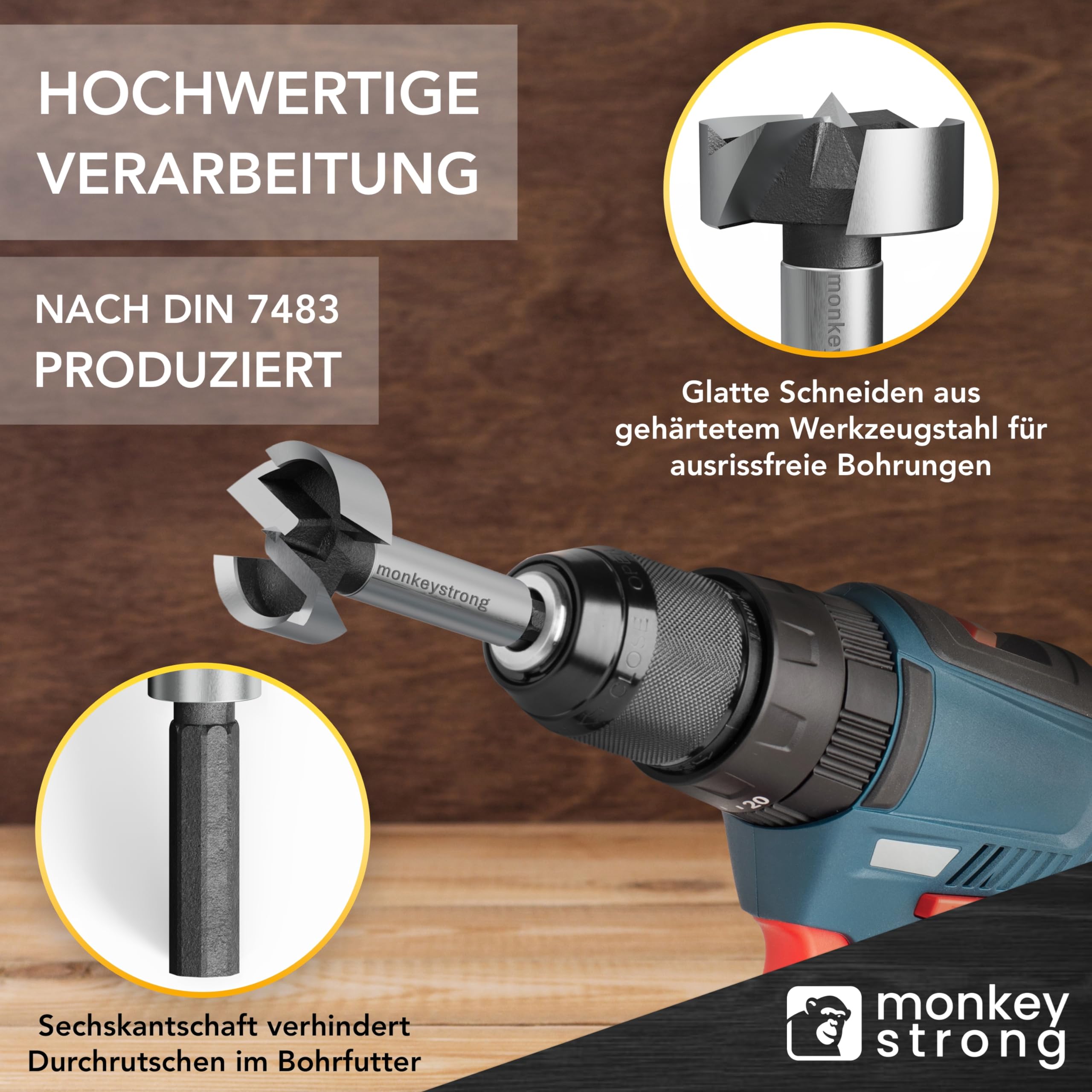 monkeystrong Forstnerbohrer Set 15-40mm 13-tlg mit Tiefenstopp & Schablone | Topfbohrer, Scharnierbohrer, Astlochbohrer, Sacklochbohrer, Kunstbohrer, für Hartholz, Weichholz, MDF & Spanplatte