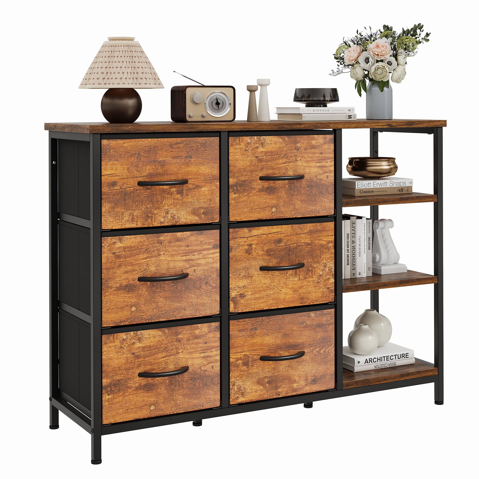 Feonase Kommode mit 6 Schubladen und offenem Ablagefach, modernes Design, Stoffbezug, 100 x 30 x 76 cm, Retro-Farbe