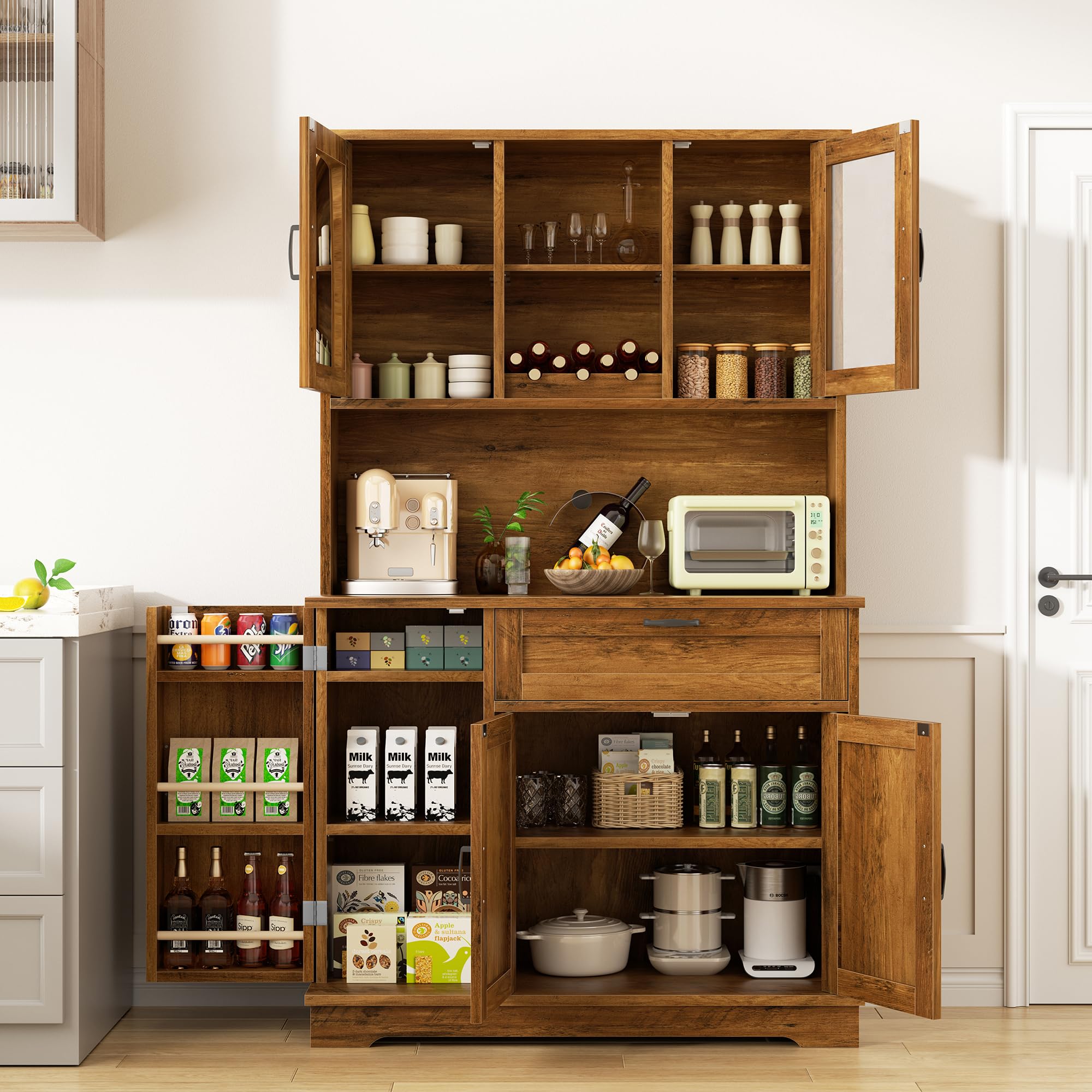 Shintenchi 68" Kitchen Pantry Storage Cabinet, with Microwave Stand, Brown