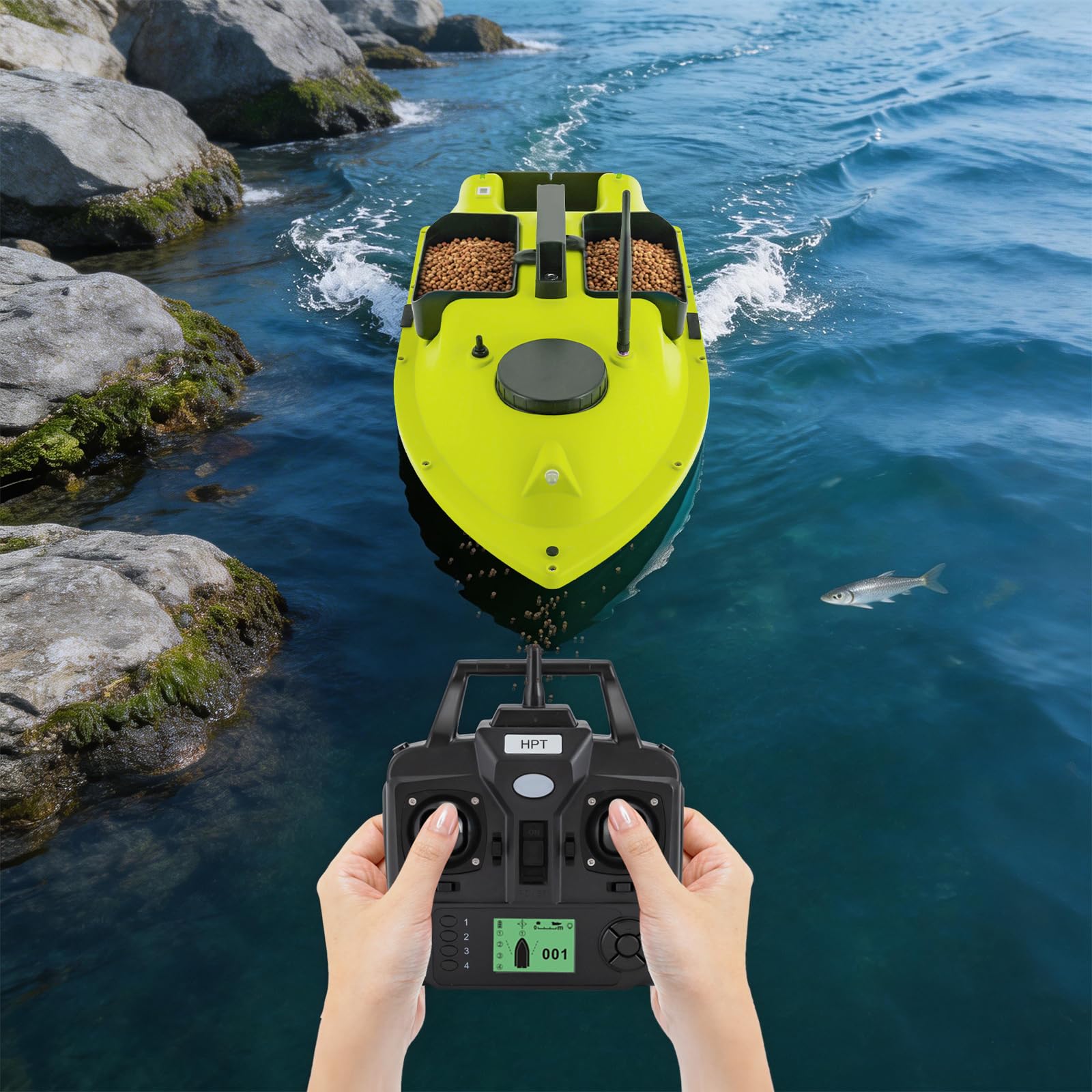 Barca per mangimi a distanza, 600 m, con GPS e ritorno automatico, 99 posizioni, barca RC, 2 batterie da 5200 mAh, 90 min, capacità di 1,5 kg, in ABS, impermeabile, per pesca, carpe, luccio