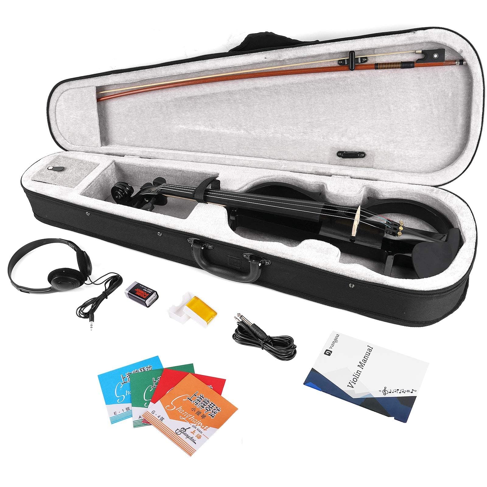 Vangoa 4/4 Elektrische Violine E Geige aus Massivem Holz Electric Stille Violine in Volle Größe mit Kolophonium, Tragetasche, Audiokabel, Schulterstütze, Bogen, Schwarz